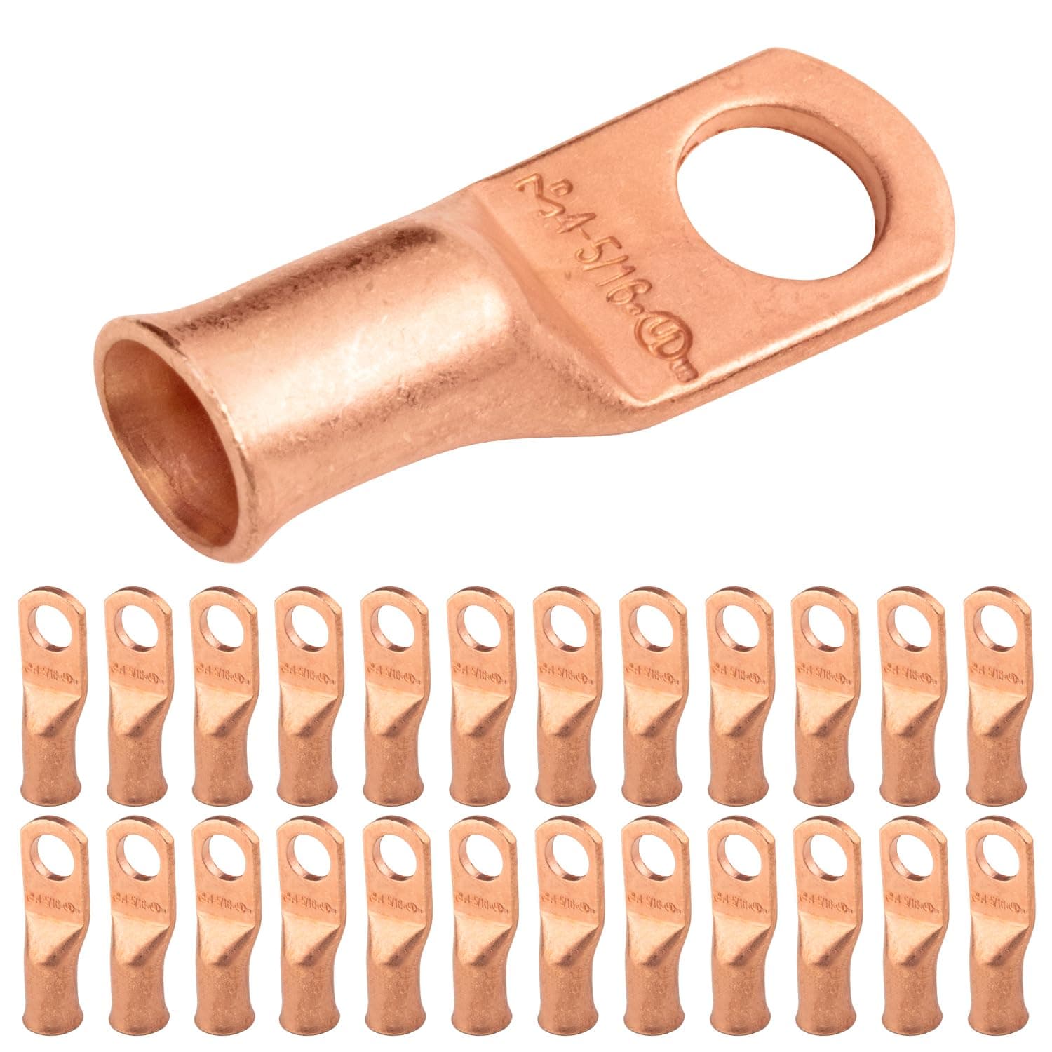 SELTERM 25pcs 4 AWG 5/16" Stud Battery Lugs, Ring Terminals, Heavy Duty Copper Wire Lugs, Battery Cable Ends, 4 Guage Ring Terminal Connectors, UL Bare Copper Eyelets Electrical Battery Cable Lugs