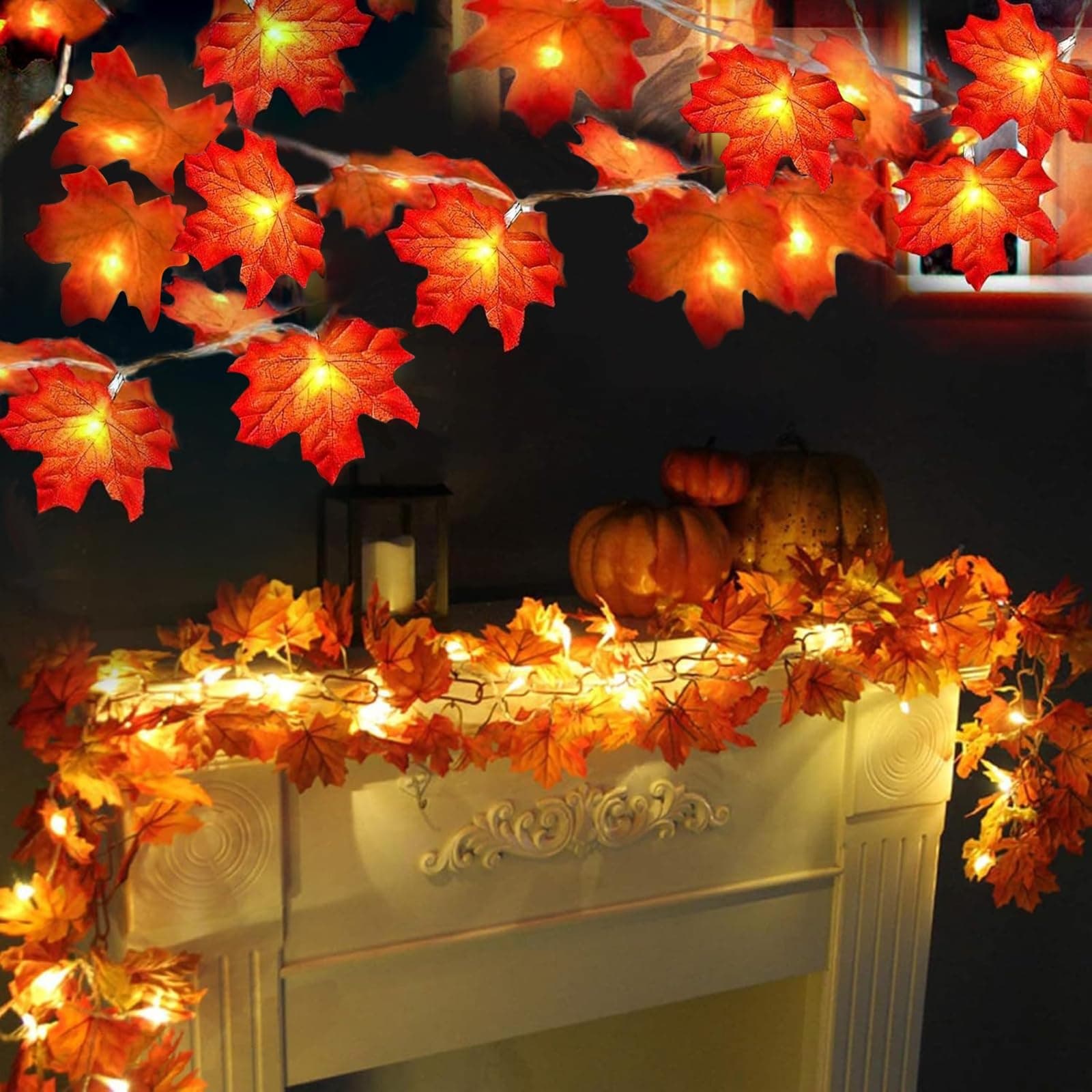 TURNMEON 2 Pack Thanksgiving Decorations Enlarged Maple Leaf Thanksgiving Decor Fall Lights Thick Leaf Garlands,Total 20Ft 40LED Battery Operated Waterproof Halloween Fall Decor Home Indoor Outdoor