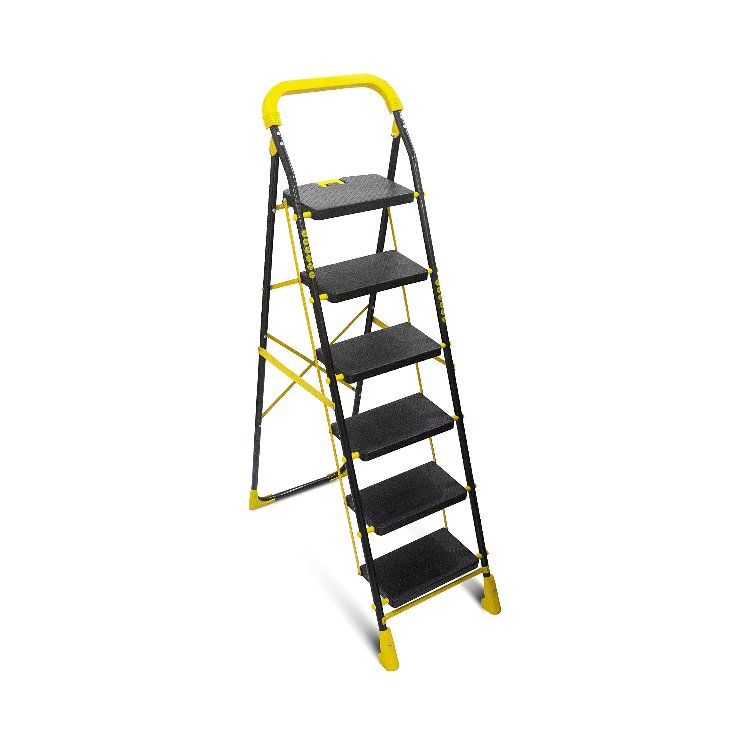 Cameo Pro Iron 6 Steps Folding Step Ladder with Anti-Skid PVC Shoe, Clutch Lock and Knee Guard, Load Capacity up to 150 kg (Standard Size, Black)