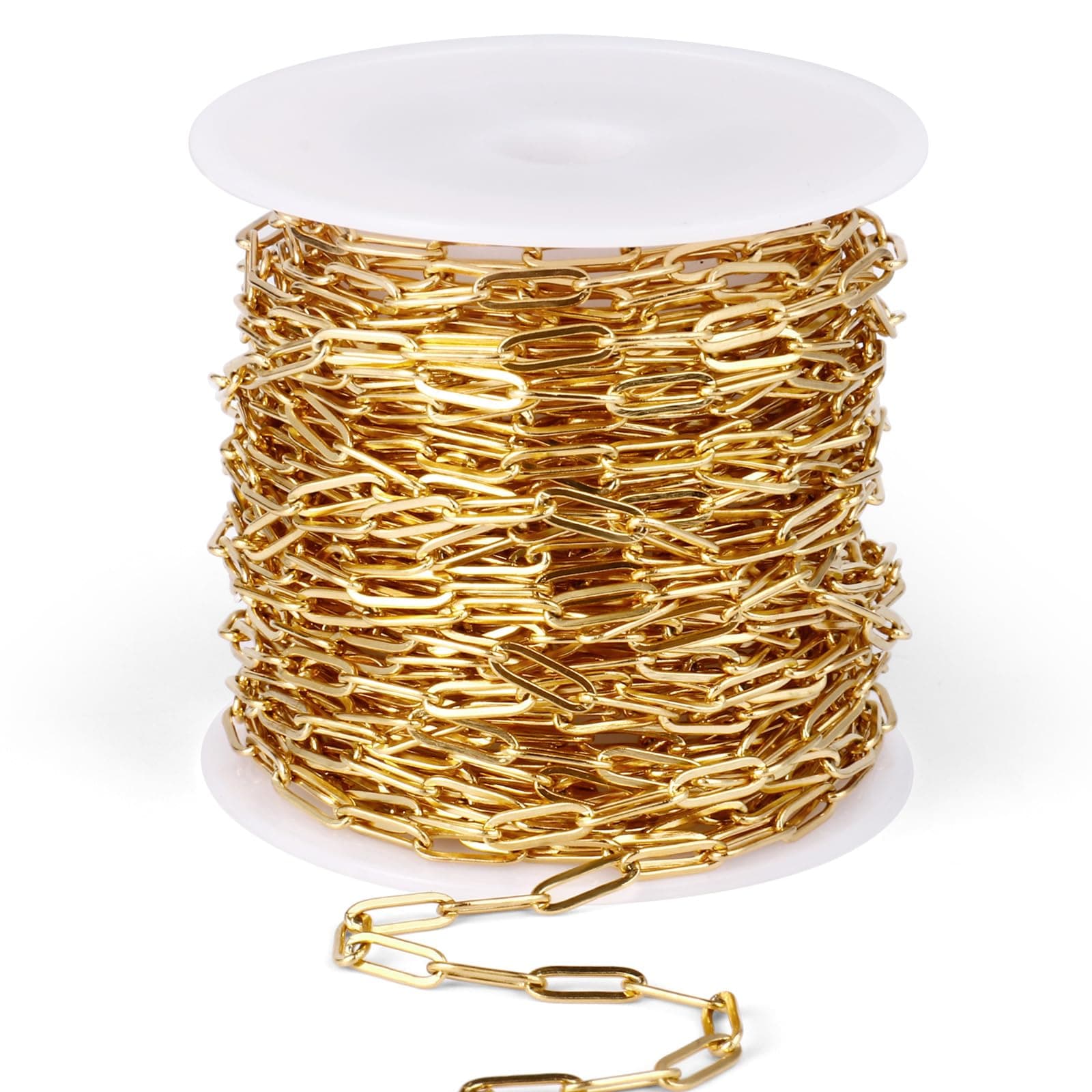 [33 Ft] Stainless Steel Paperclip Chains Roll, 3mm Width 18K Gold PVD Plated Stainless Steel Oval Link Chains Spool Bulk for Jewelry Making