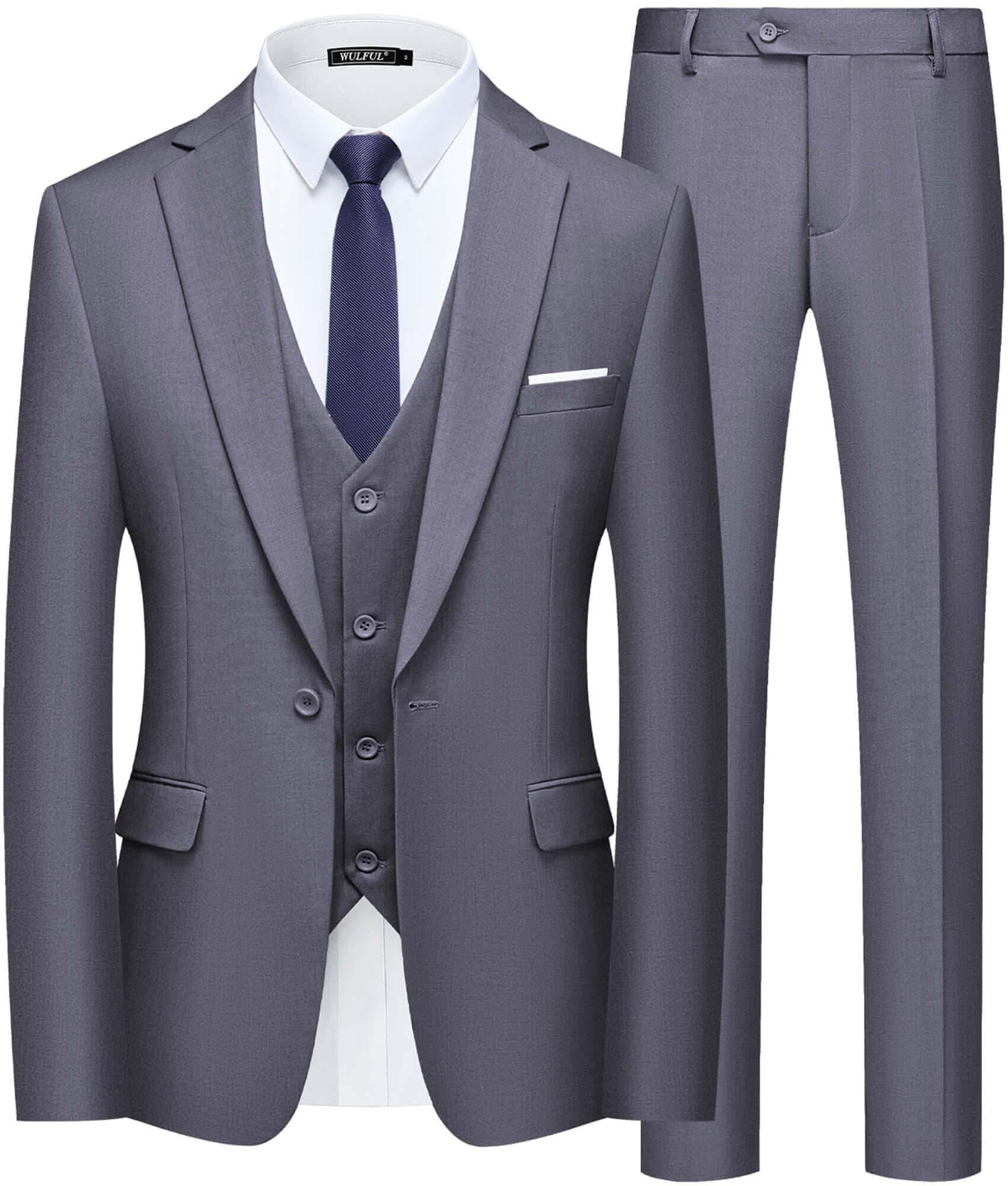 WULFUL Men's Slim Fit Suit 3 Piece One Button Business Suit Wedding Party Jacket Vest Pants