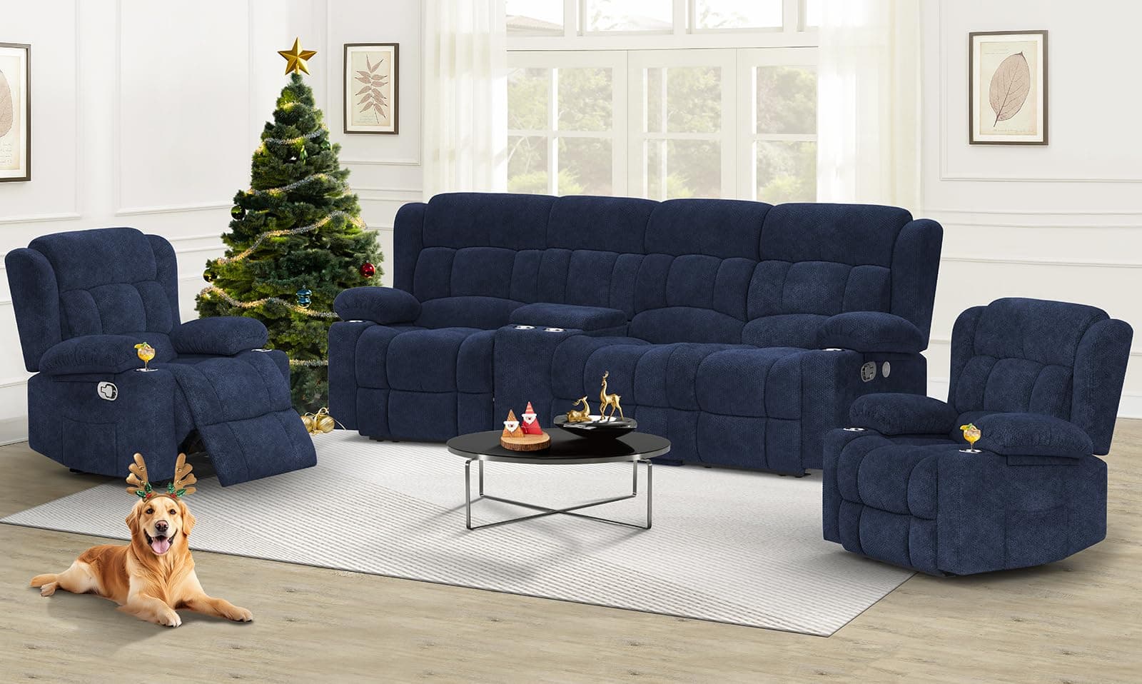 Recliner Sofa Set with Storage Console, Flip Middle Backrest Design 3 Seater Reclining Sofa and 2PC Single Recliner Chair, Manual Couches for Living Room (Blue, 3 Seat+Console+1+1)