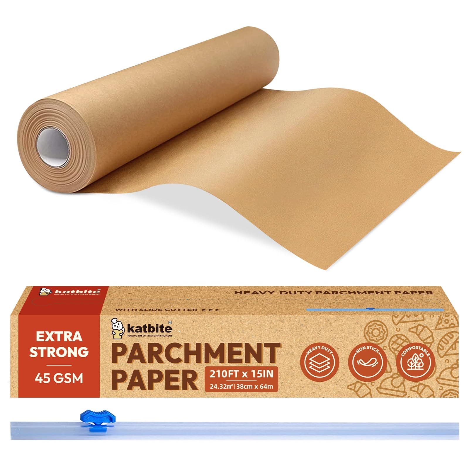 Unbleached Parchment Paper for Baking, 15 in x 210 ft, 260 Sq.Ft, Heavy Duty Baking Paper with Slide Cutter, Non-stick Brown Parchment Paper Roll for Cooking, Air Fryer, Steaming, Baking Bread