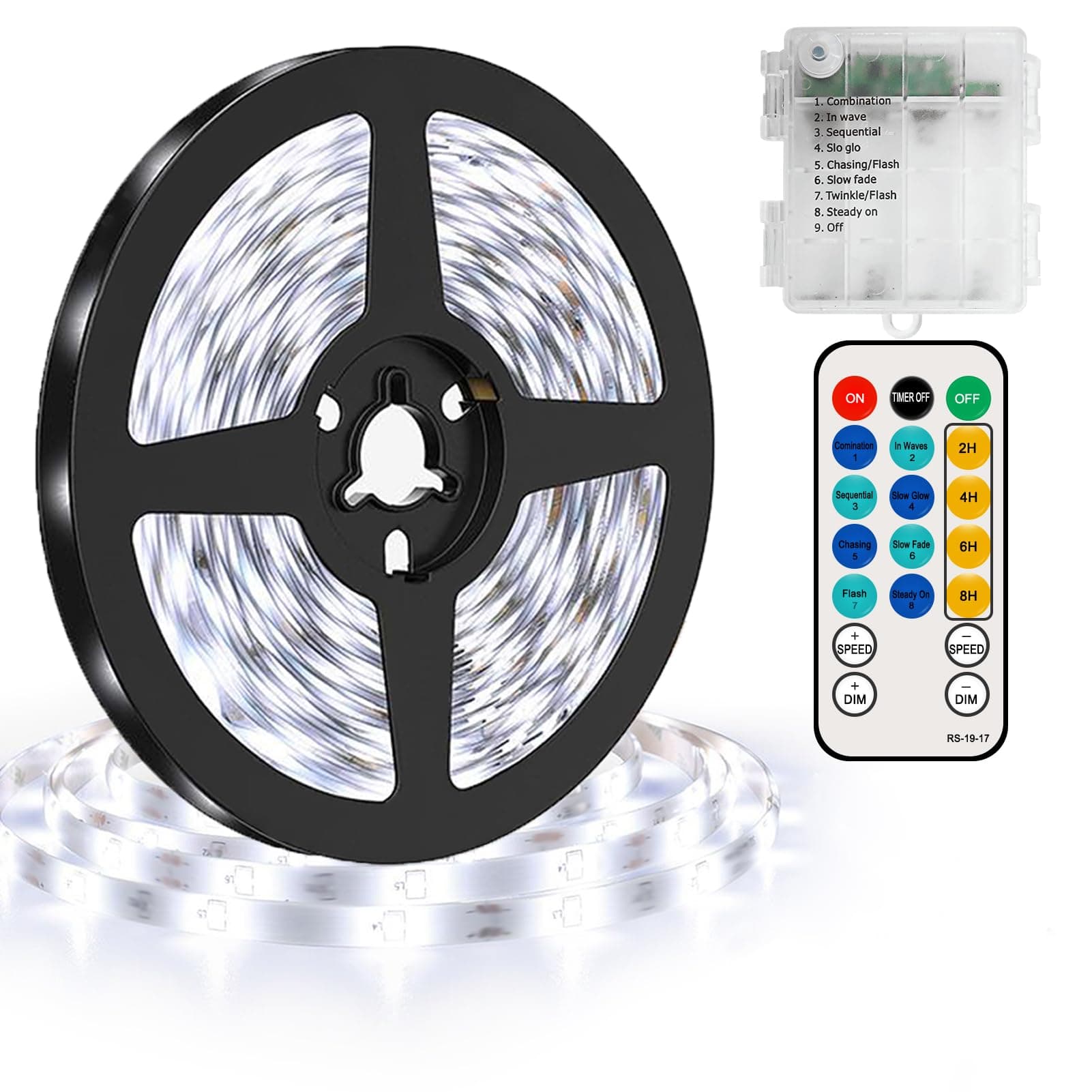 LED Strip Lights Battery Powered 16.4ft/5m 150 LEDs White Tape Lights Strip with Remote, 8 Modes, Timer, Dimmable, Waterproof, Self-Adhesive LED Lights for Dorm Room Cabinet(Cool White)