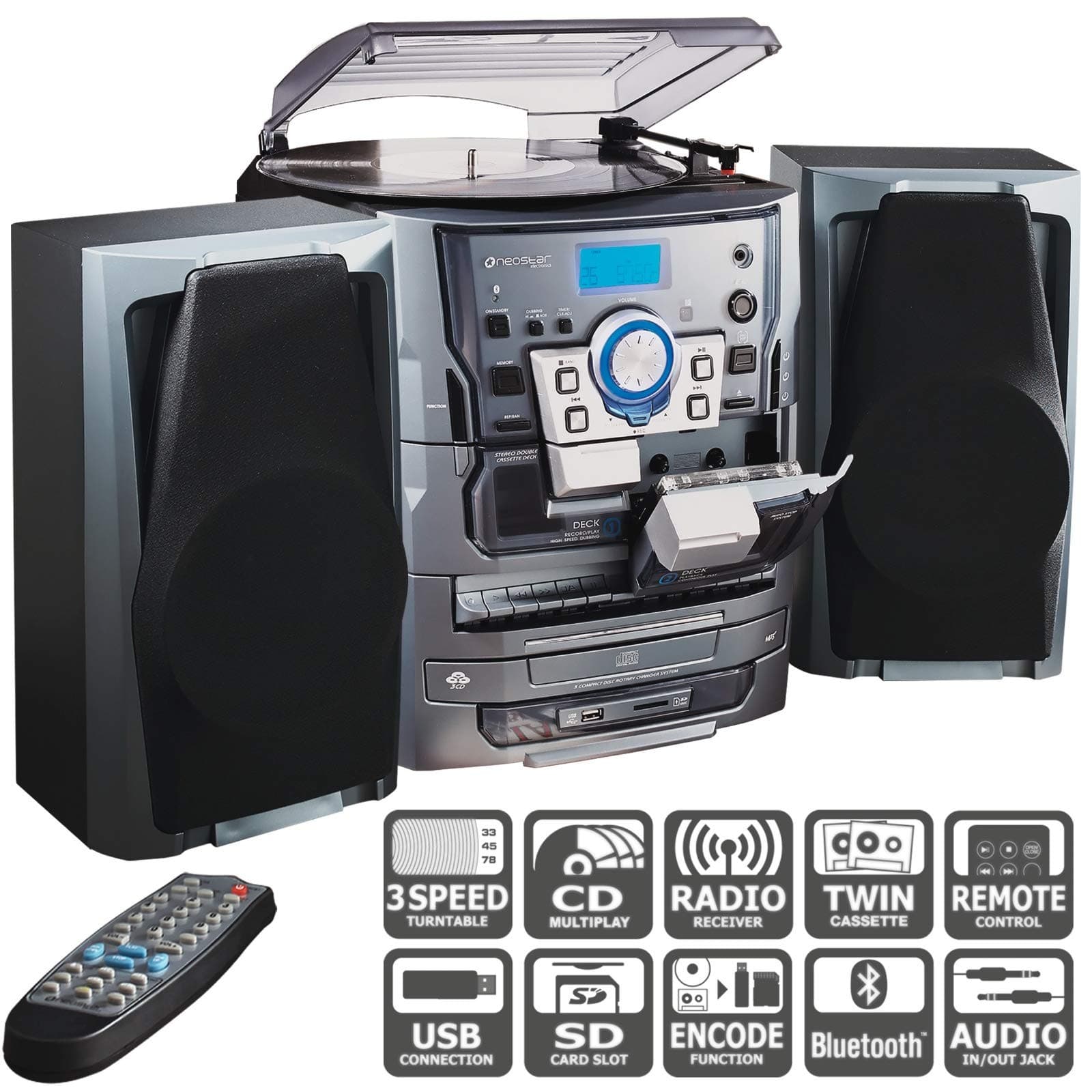 Neostar Electronics Music Centre Hifi With Vinyl Record Player/Turntable, 3 CD Multi Play, Twin Cassette Tape Deck - Remote Control, Bluetooth USB Port, SD Slot