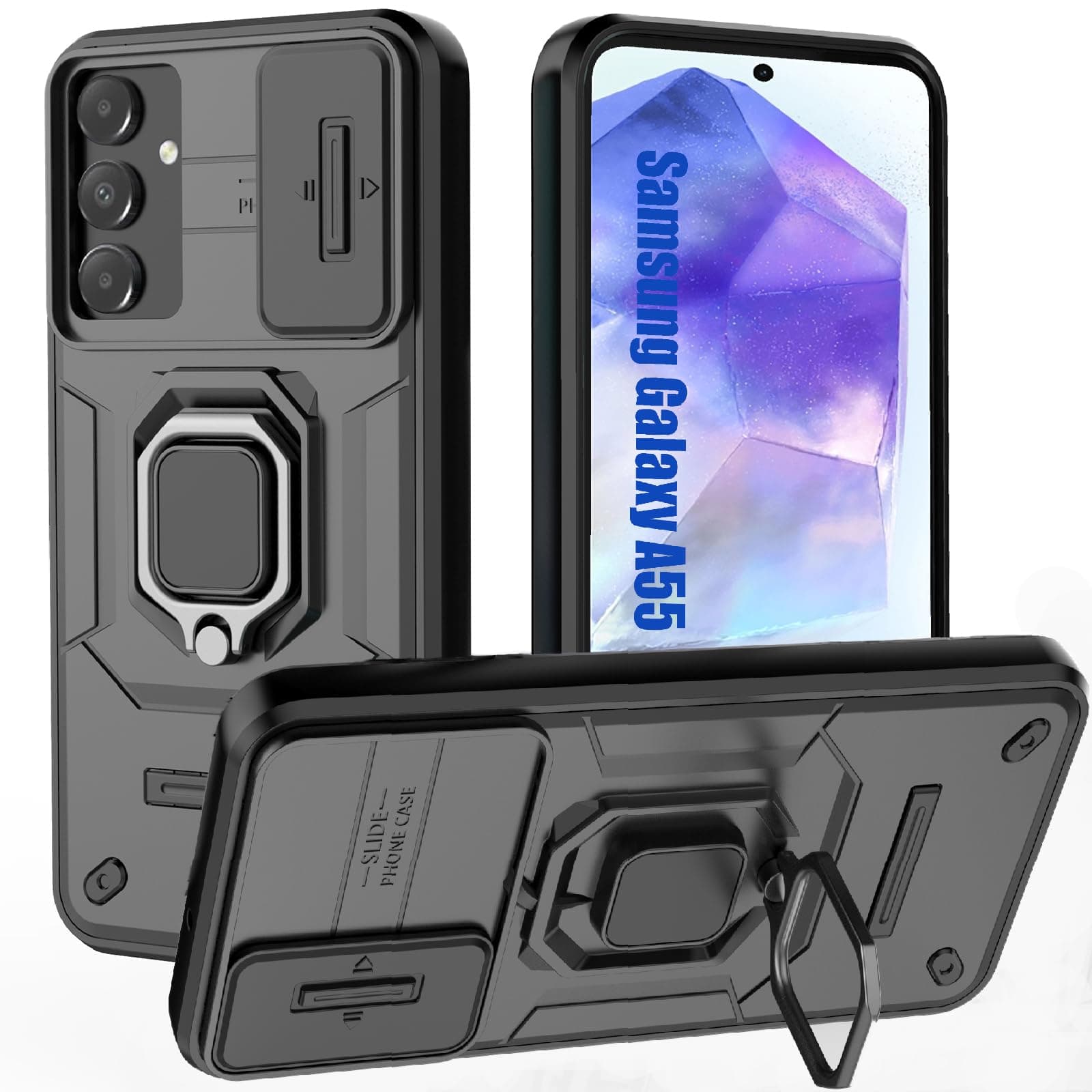 for Samsung A55 Case,Samsung Galaxy A55 Case with [Sliding Camera Cover][360° Rotate Ring Kickstand] Heavy Duty Protective Shockproof Phone Case for Samsung A55 Cover,Black
