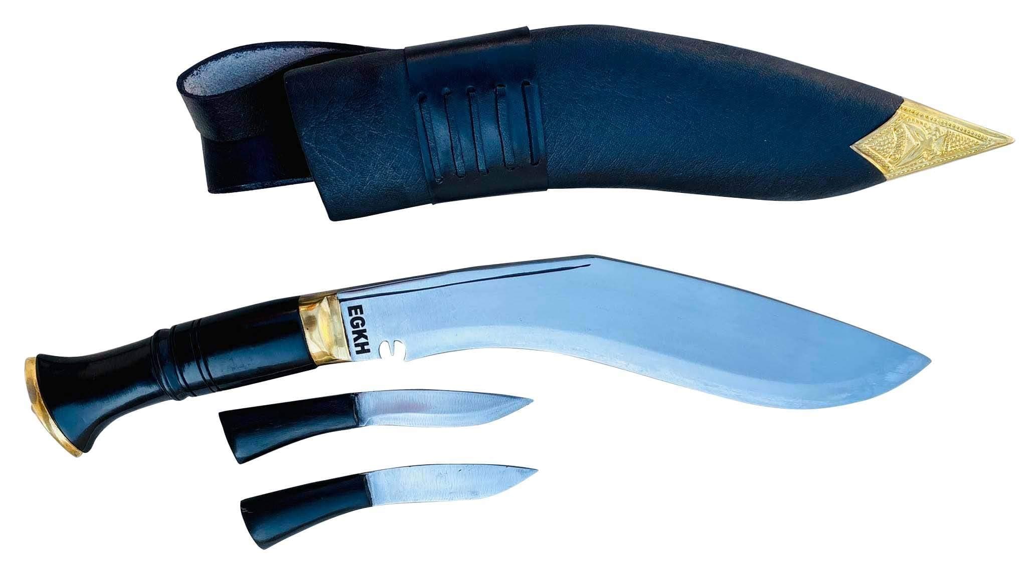 Authentic 10.5" Blade Service No. 1 Kukri - Rat Tail Tang Water Buffalo Horn Handle, Black Leather Sheath Khukuri - Handmade Knife in Nepal