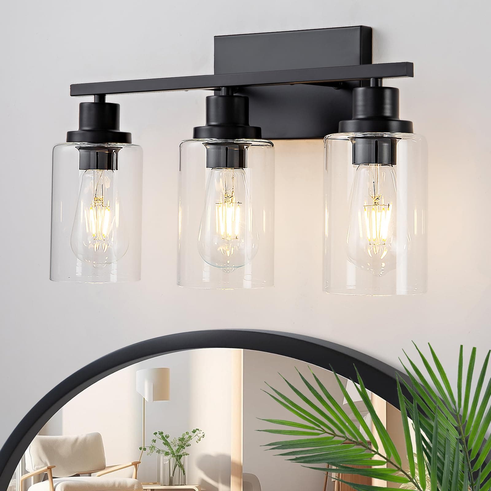 3 Light Bathroom Light Fixtures Black Vanity Light Over Mirror Modern Farmhouse Wall Lighting Sconces Rustic Industrial Wall Lamp for Bathroom, Bedroom, Living Room E26 Socket with Glass Shade