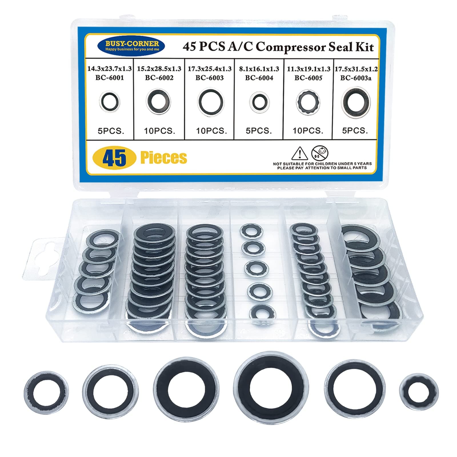BUSY-CORNER 45-Piece Stainless Steel Flat A/C Compressor Seal Washer Kit
