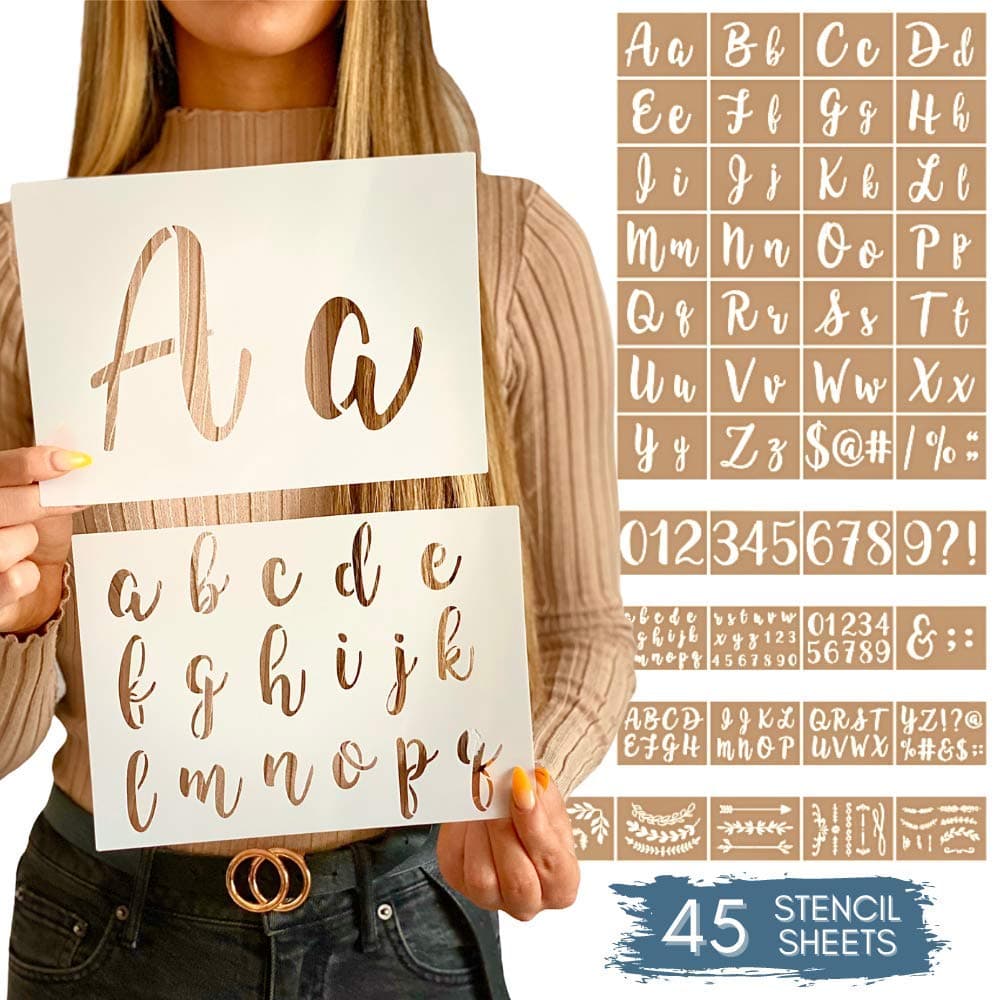 Citrusy Boutique Calligraphy Stencil Template Kit - 45 Reusable Pieces Includes Lettering Upper and Lowercase both Large Small, Numbers, Punctuation, Laurels Flowers For Arts Crafts Painting Wood