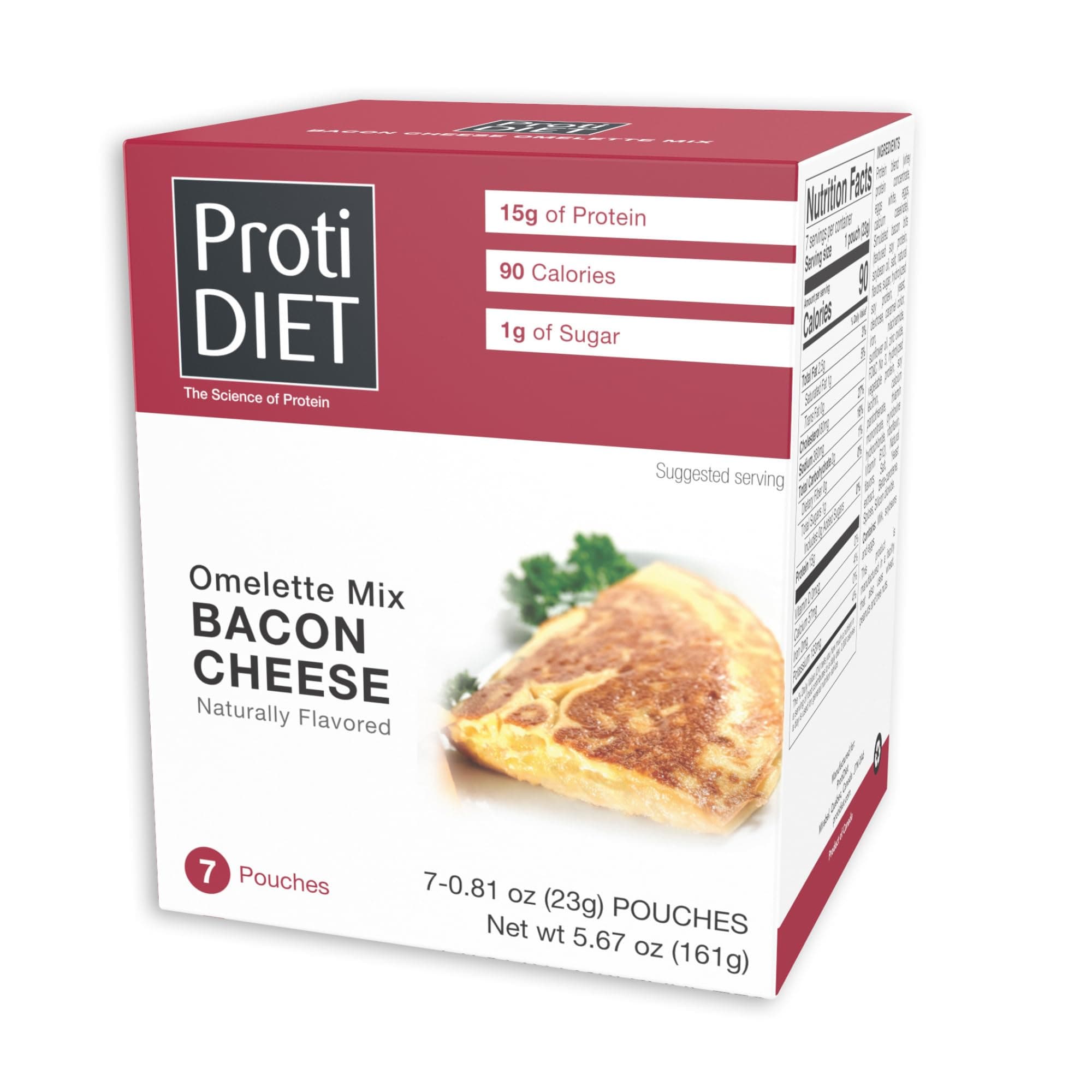 ProtiDIET Bacon Cheese Omelette Mix – Low-Sugar, No Trans Fat, High Protein Snack for 7 Adults – Nutritious Meal Replacement - Quick and Easy to Prepare - 7 Pouches Per Box