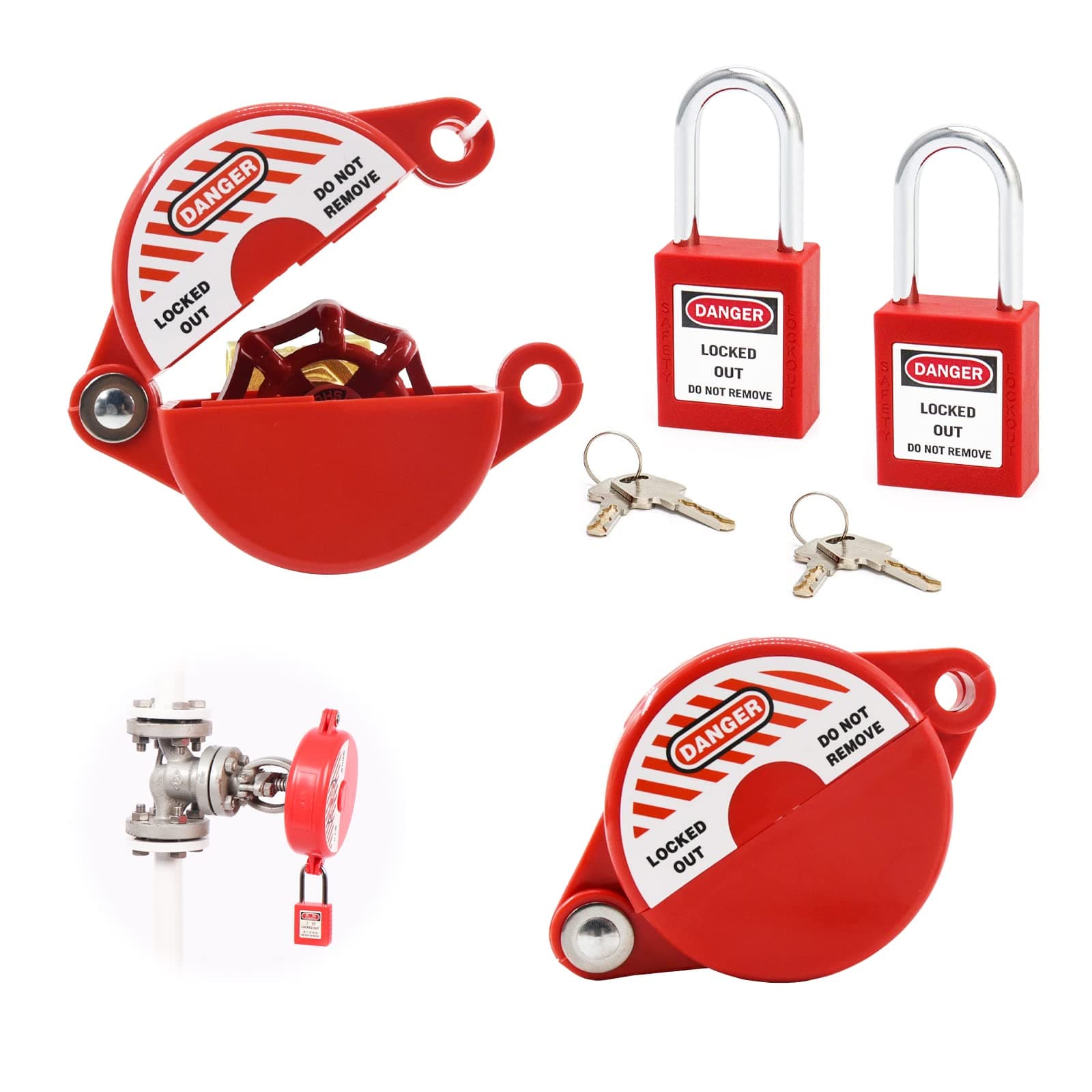Gate Valve Lockout and Safety Padlock, 2Sets, Hose Bib Lock for Outdoor Faucet Knob/Water Spigot/Propane Tank, 1 to 2-1/2 in Dia Valve Handles, Plastic Red Secure Locks Device for Outside Garden Valve