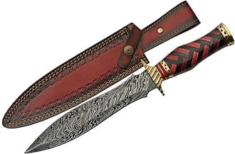SANZ Damascus Hunting Knife 15 Inch - Red/Black Camping Knife with Braided Handle, Full Tang Blade & Sheath - Outdoor Knife for Hunting, Camping & Outdoor uses