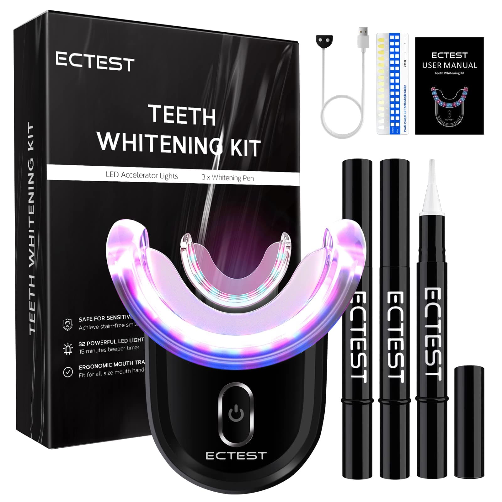 Teeth Whitening Kit with LED Light Effective for Sensitive Teeth or Coffee Drinker, Teeth Whitening Kit with 32X Powerful Blue-Red Recharge Home Easy to Use