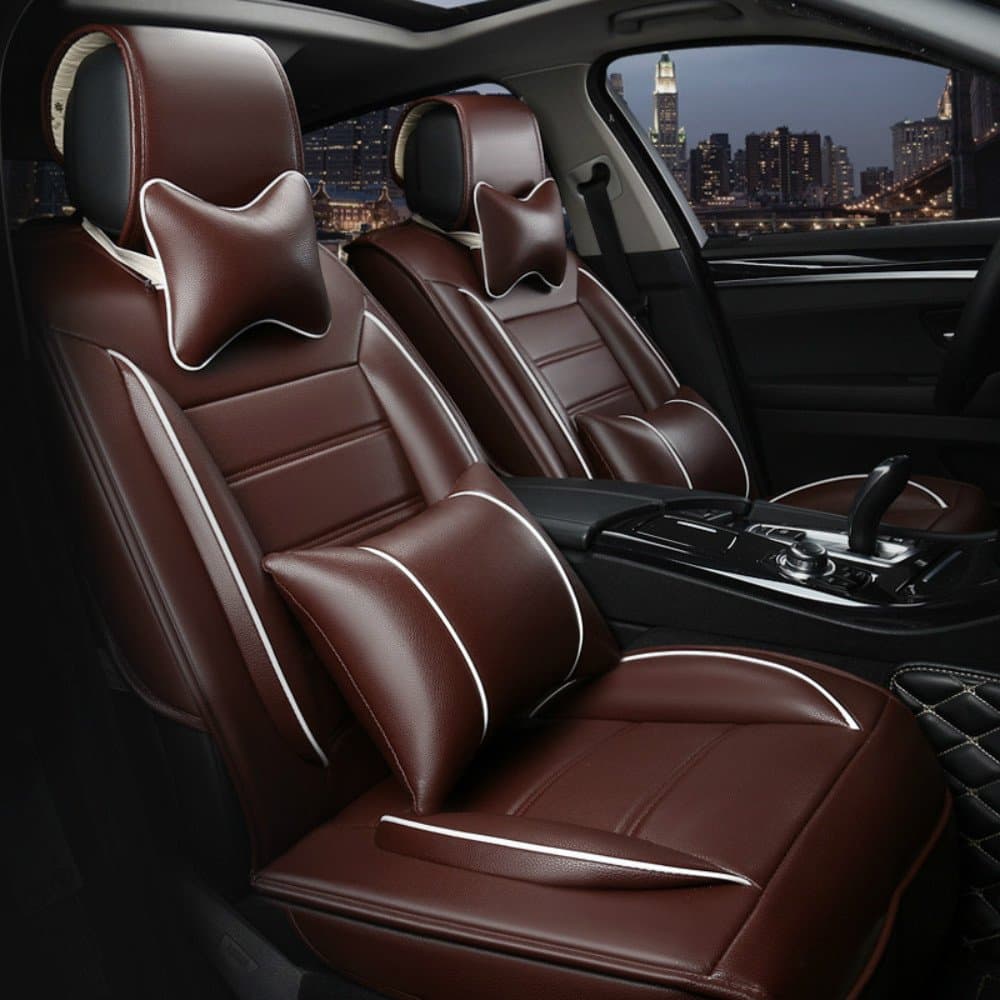 ANKIV Brown Full Set Universal Fit 5 Seats Car Surrounded Solid Color Waterproof Leather Car Seat Covers Protector Adjustable Removable Auto Seat Cushions with 2 Waist Pillows 2 Headrest Pillows
