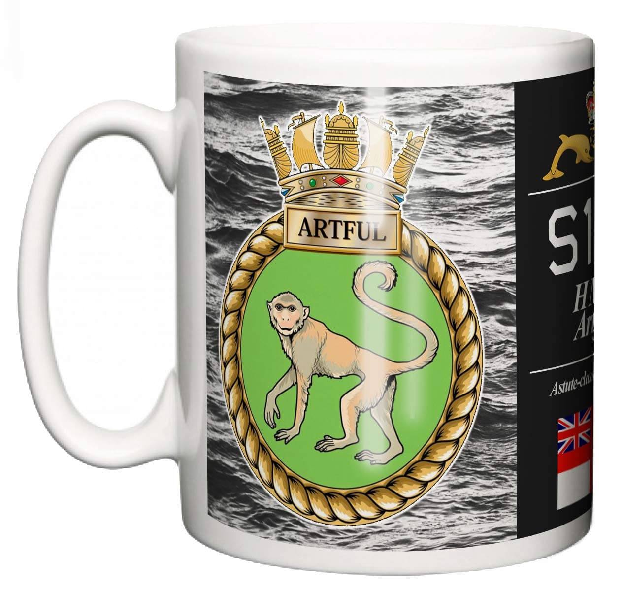 Royal Navy HMS Artful Ceramic Mug, Astute Class Attack Submarine Crest Name Pennant S121