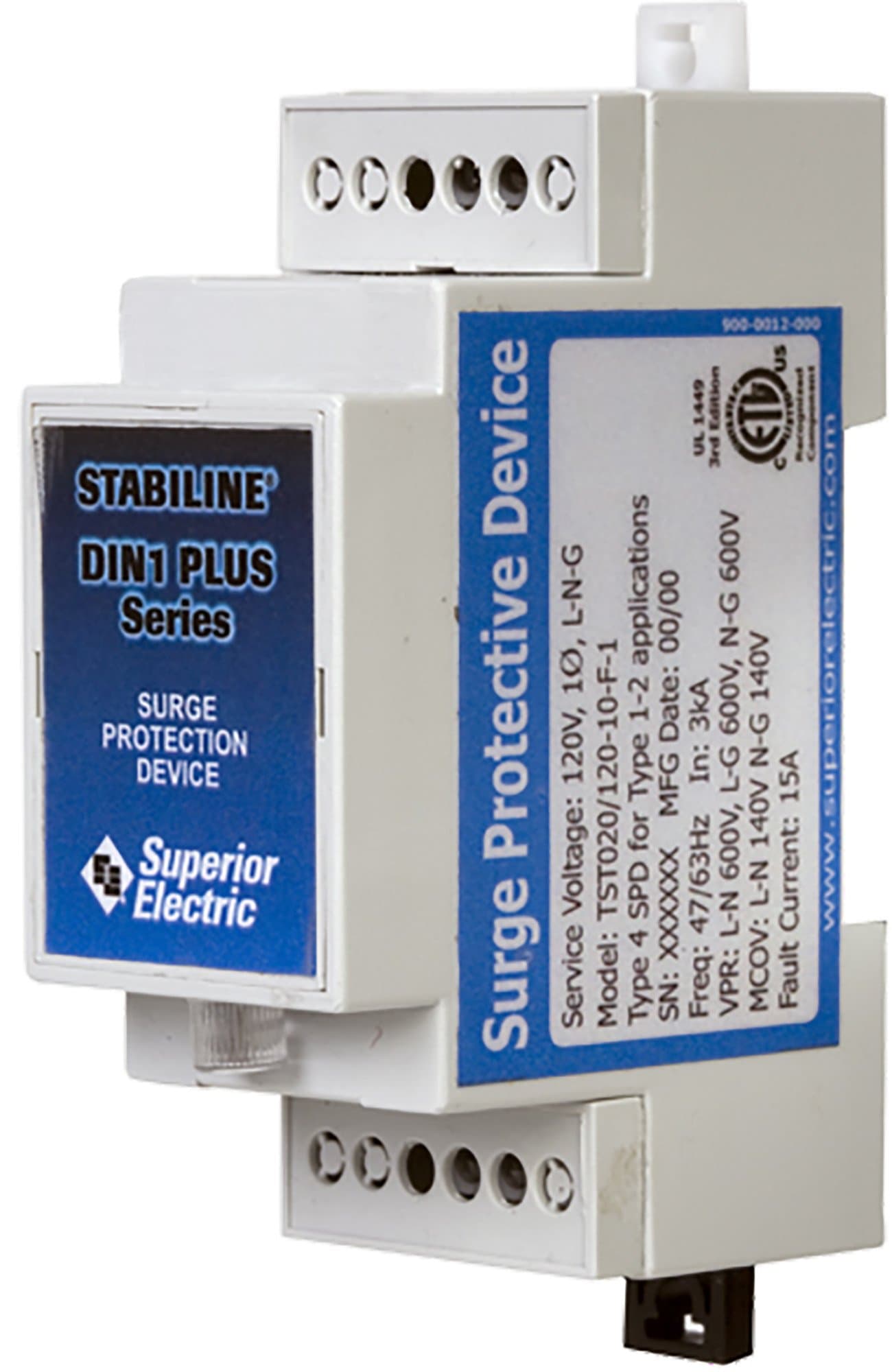 DIN1P-20-250-1G-15 AC/DC Surge Protective Device P/N, 1ɸ, 2 Wire Plus Ground, Hardwired Input/Output 250V, 20 kA per Mode, 15 Amp Maximum Continuous Operating Current