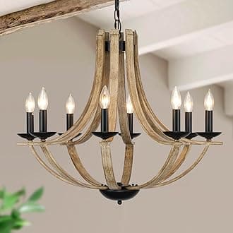 LAMPKEDUO Farmhouse Chandeliers for Dining Room Light Fixture, 8-Light 28" Adjustable Height Retro Faux Wood Texture Rustic Light Fixtures for Living Room Bedroom Kitchen Island Foyer Entryway