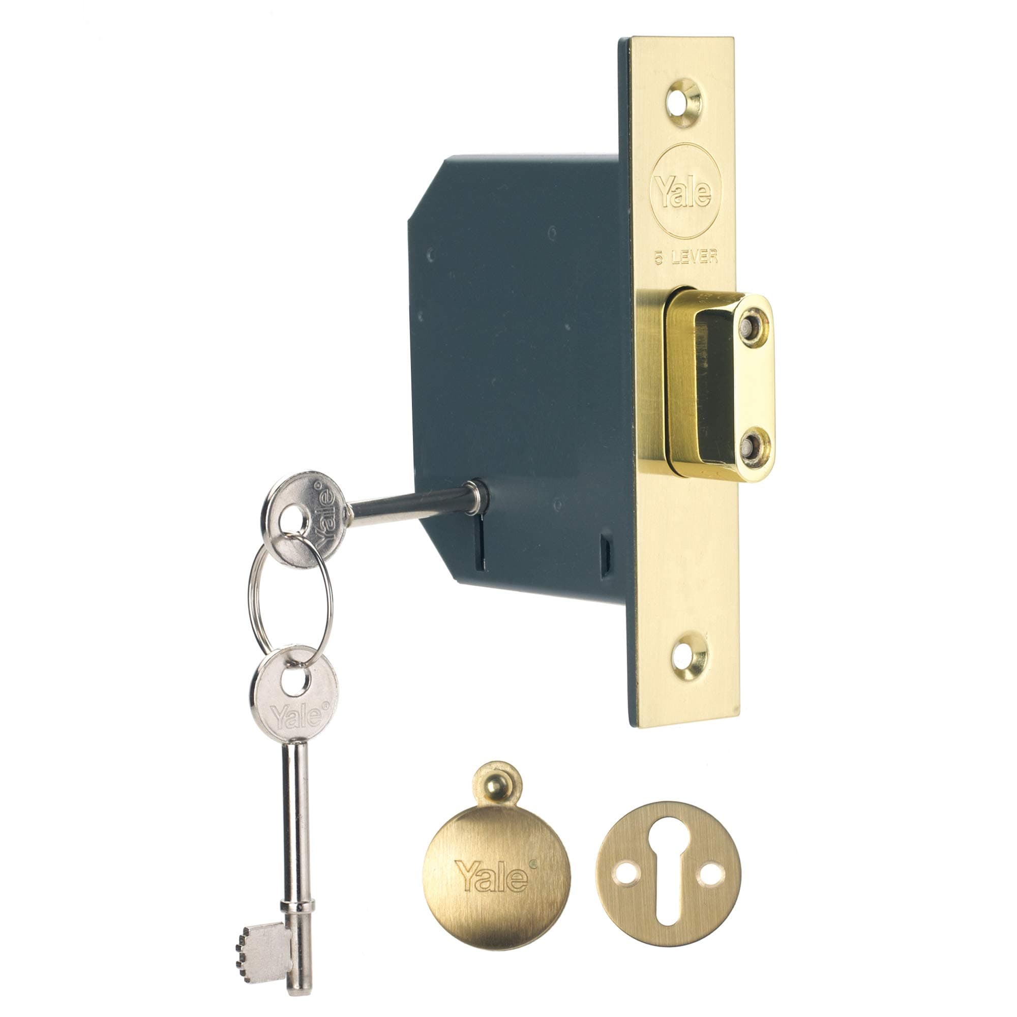 Yale P-M552-PB-65 5 Lever Mortice Deadlock, Boxed, Suitable for External Doors, Brass Finish, 2.5 Inch/64 mm