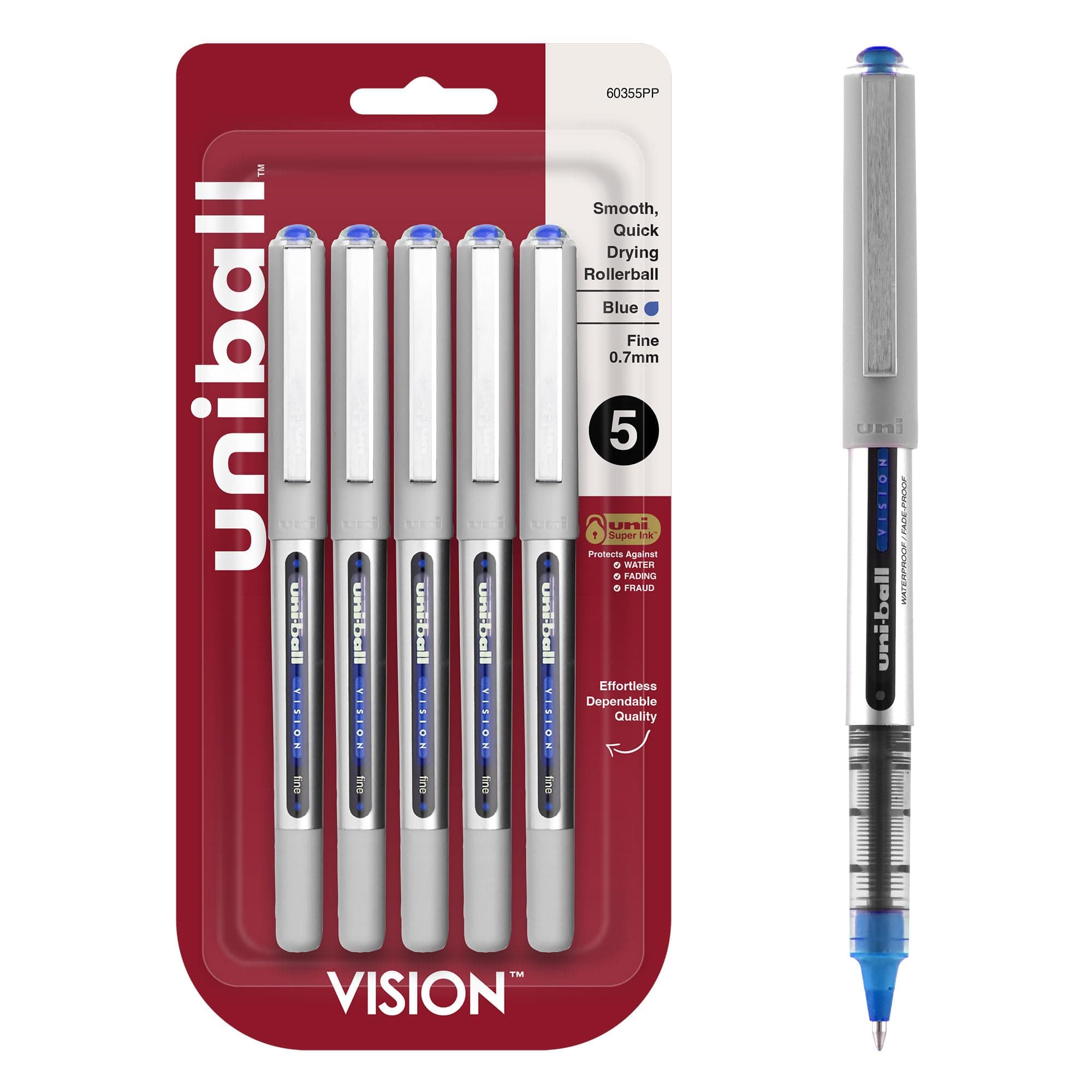 uniball Vision Rollerball Pens, Fine Point (0.7mm), Blue, 5 Pack