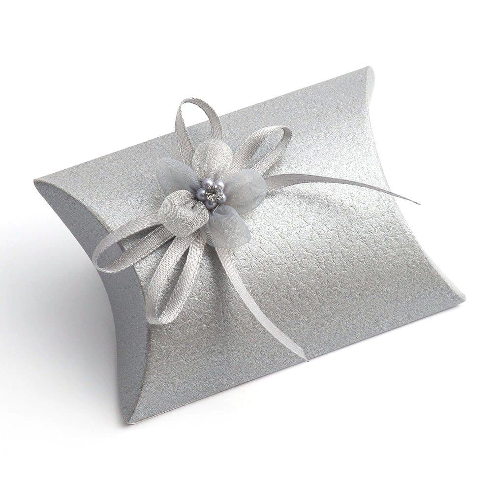 10 Small Silver Pelle Favor Boxes/Wedding Boxes/with Self Adhesive Flowers (Decorations are Included) - 70mm x 70mm x 25mm