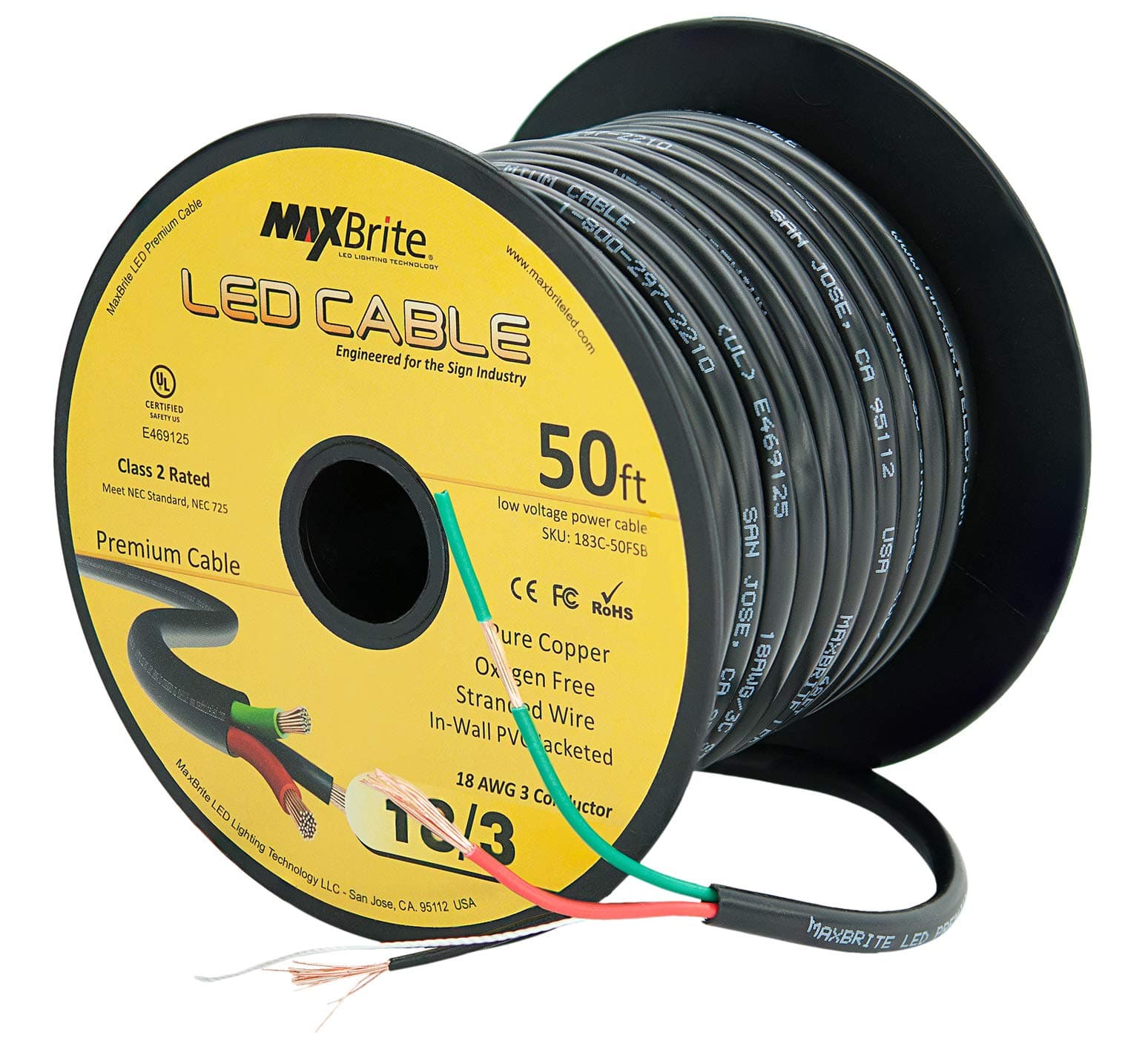 50 ft. 18AWG Low Voltage LED Cable 3 Conductor Black Sleeve in-Wall Speaker Wire UL Class 2 Certified