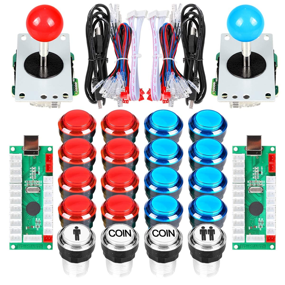EG STARTS 2 Player Arcade DIY Kit Arcade Joystick + 16x LED Illuminated Arcade Buttons + 2 Player + Coin Buttons for Raspberry Pi 3B Model Project DIY Parts (Red and Blue Colors)