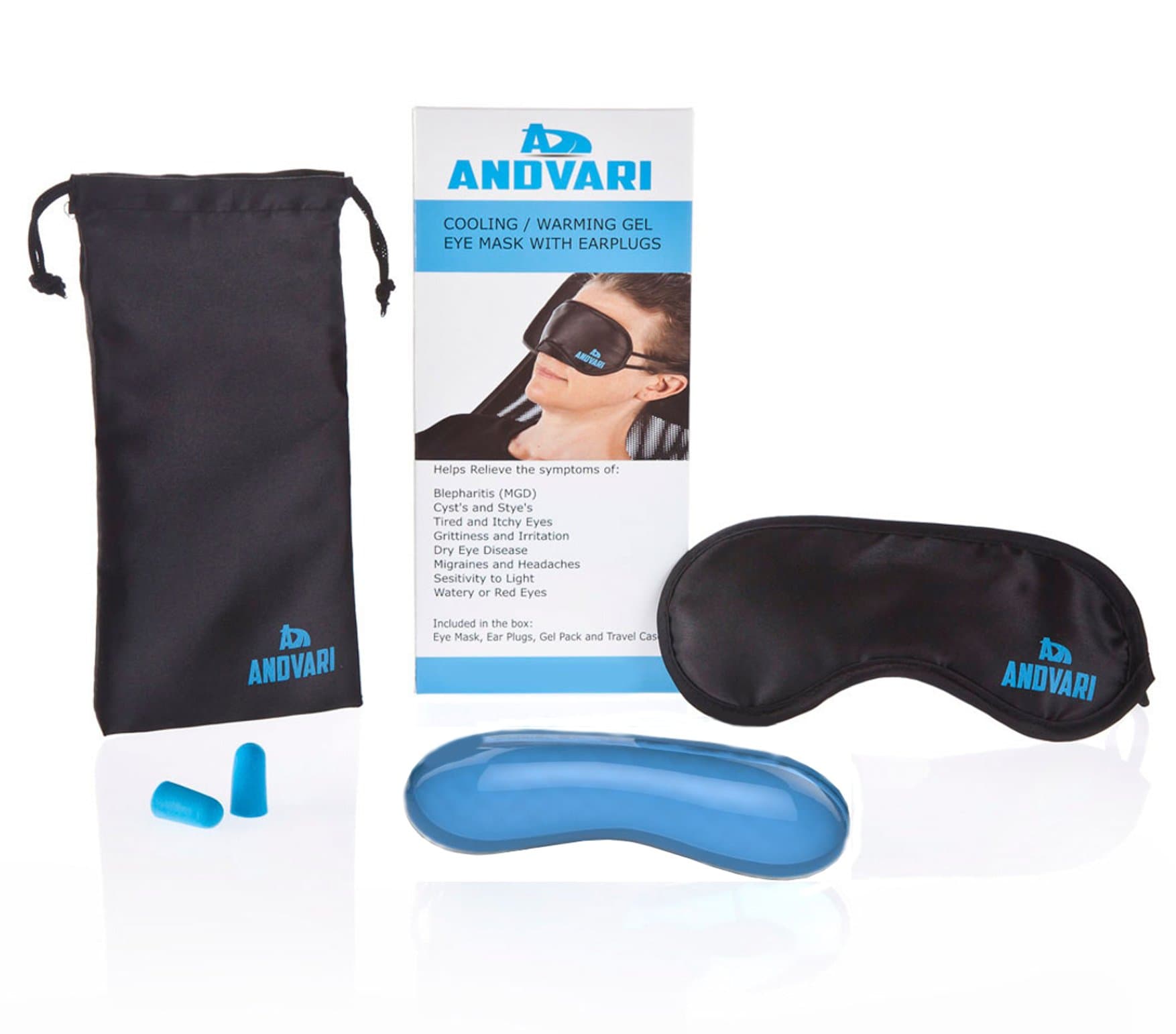 ANDVARI Blepharitis Eye Mask Warming/Cooling Gel Pack, Proven to Relieve Eye Conditions – Blepharitis, MGD, Styes Tired/Sore Eyes – Headaches and Migraines Sleep Aid. Free Earplugs, Case