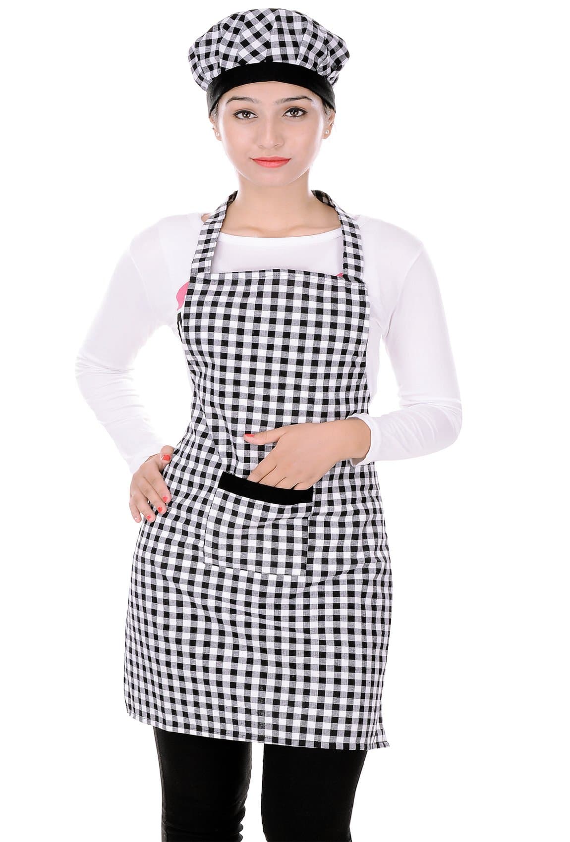 Switchon Cotton Kitchen Apron with Cap (Black and White, Free Size) Proudly Made In India