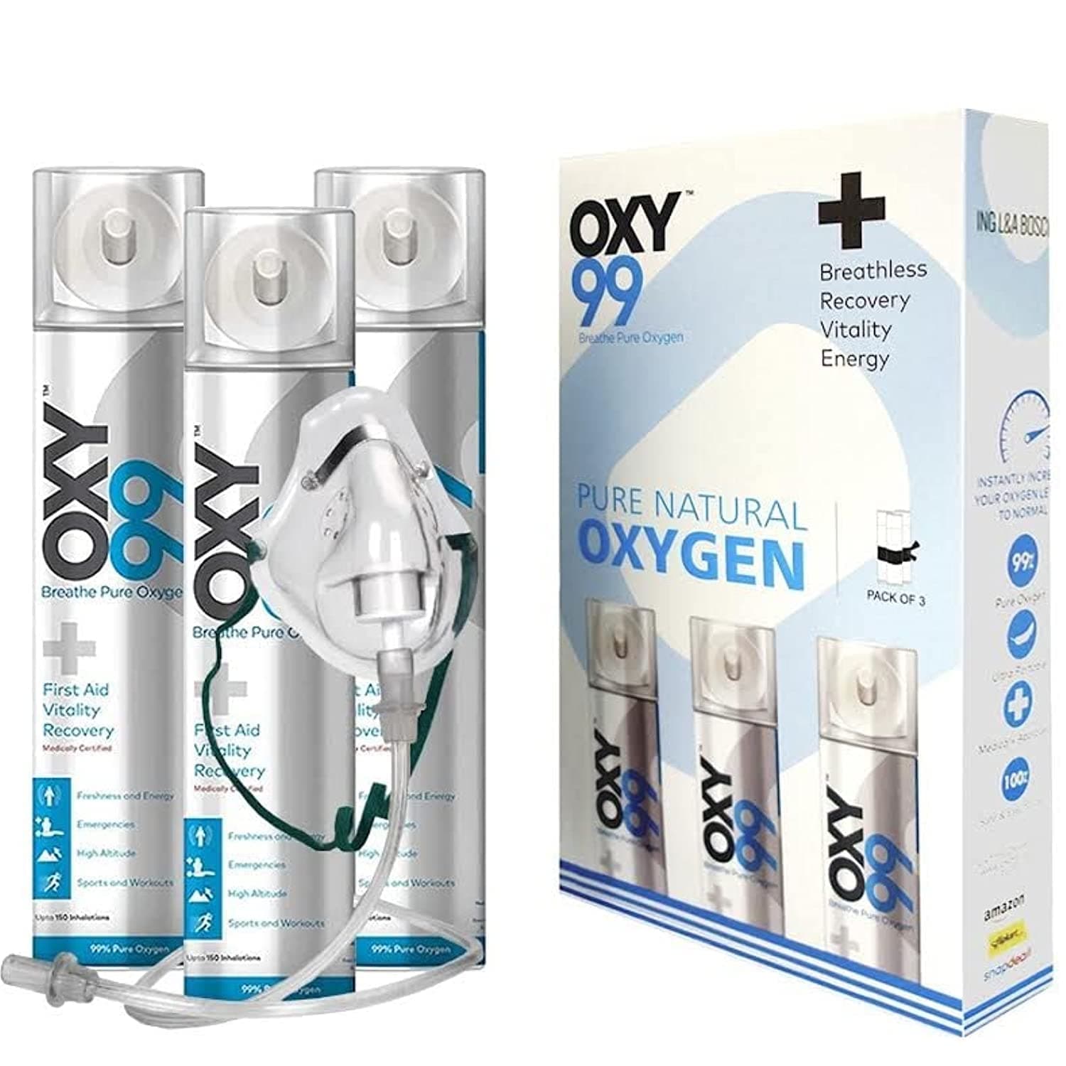 Portable Pack of 3 Oxygen can with mask (ING. BOSCHI Italy)
