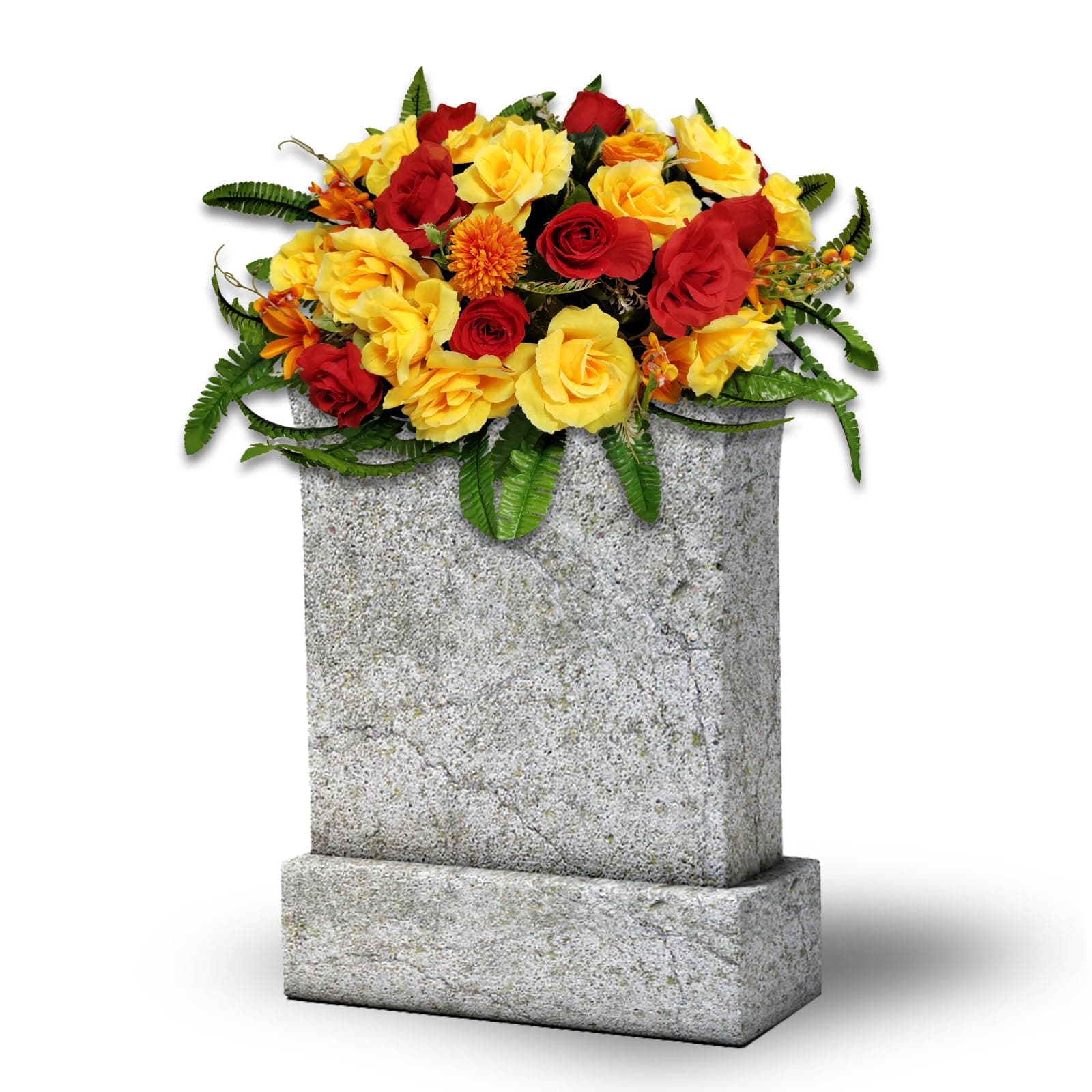 GRPFS Headstone Flower Saddle,Large Artificial Cemetery Flowers for Grave-Realistic Red & Yellow Rose Mix Arrangement,Outdoor Memorial Decorations,Durable & Easy Fit