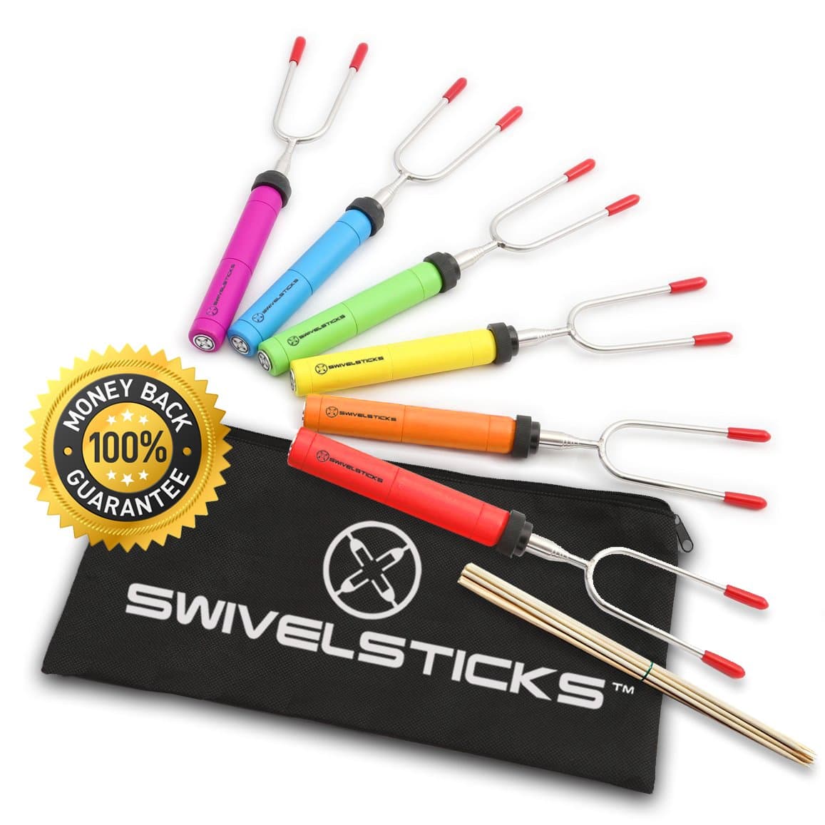 Marshmallow Roasting Sticks - 6 Rotating & Telescoping Forks + 10 Free Smores Skewers with Storage Bag, eBook, Video and Recipes - 34 Inch Extendable for Kids Campfire Camping Fire Pit