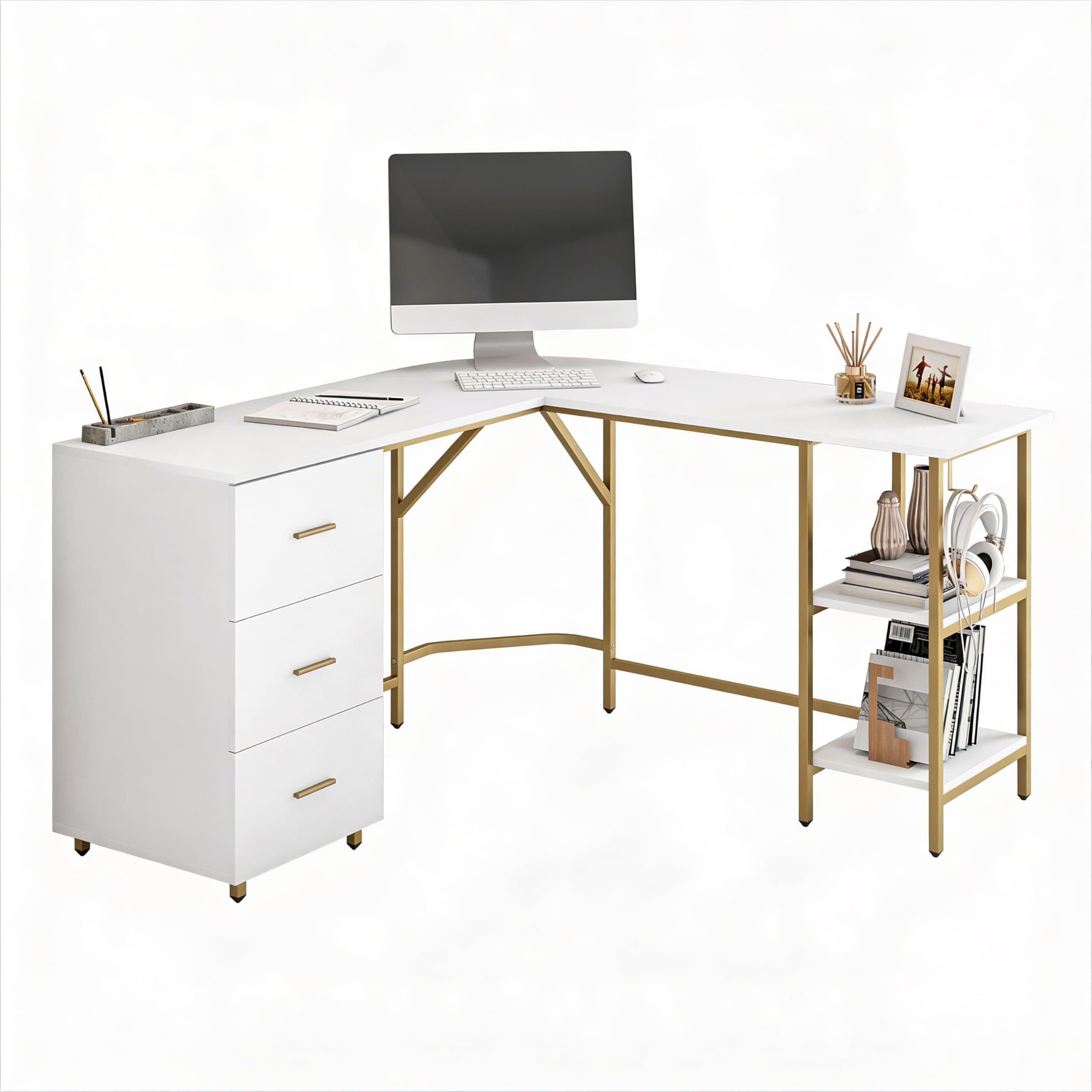 Techni Mobili L Shaped Desk - Two-Toned Computer Desk with Drawers & Storage Shelves - Simple Modern Furniture & Home Office Space Corner Table for Work & Writing