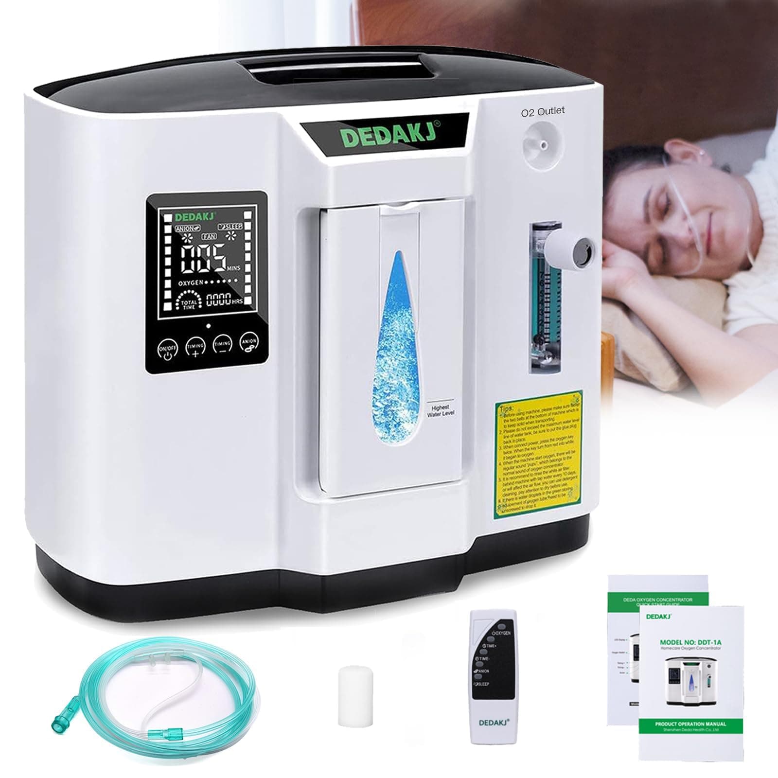 DEDAKJ Oxygen Machine, 1-7l / Min Oxygen Machine, Accumulated Time Adjustment for Home and Travel, Time Control/Wireless Remote Control(1A)