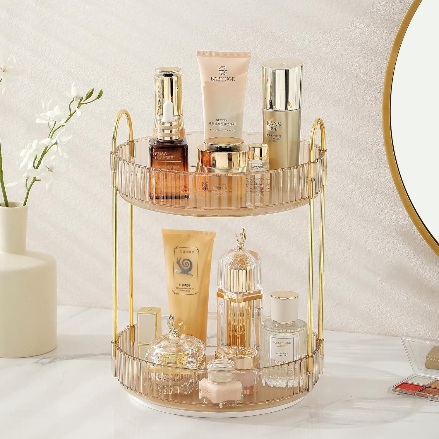 Rotating Makeup Organizer for Vanity, Large Skincare Make Up Storage Perfume Organizers for Bathroom Counter, Clear Cosmetic Lipstick Toiletry Dresser Organizer Spinning Holder (Amber Gold, 2 Tier)