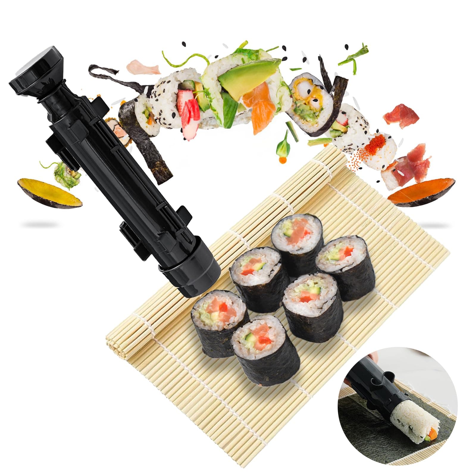 Sushi Making Kit, Sushi Making Mold for Beginners, Durable Sushi Rolling Machine, Sushi Roller Bazooka with Bamboo Sushi Mat, Black