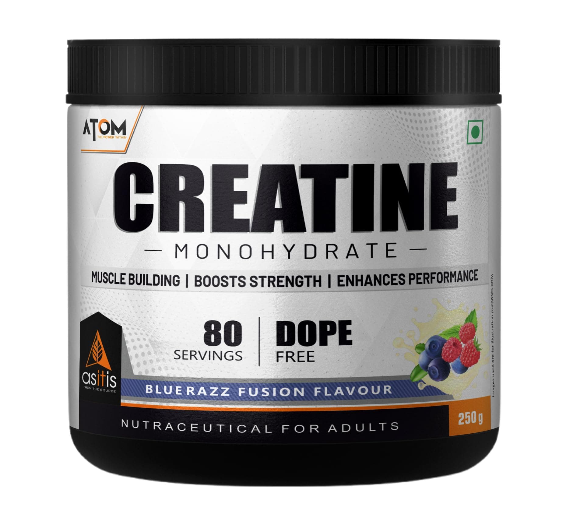 Asitis Nutrition AS-IT-is Atom Creatine Monohydrate 250g/8.8 Oz - 80 Servings | Dope Free | Enhances Performance | Promotes Muscle Gains | Blue Razz Flavour Gluten-Free Refreshing Flavoured