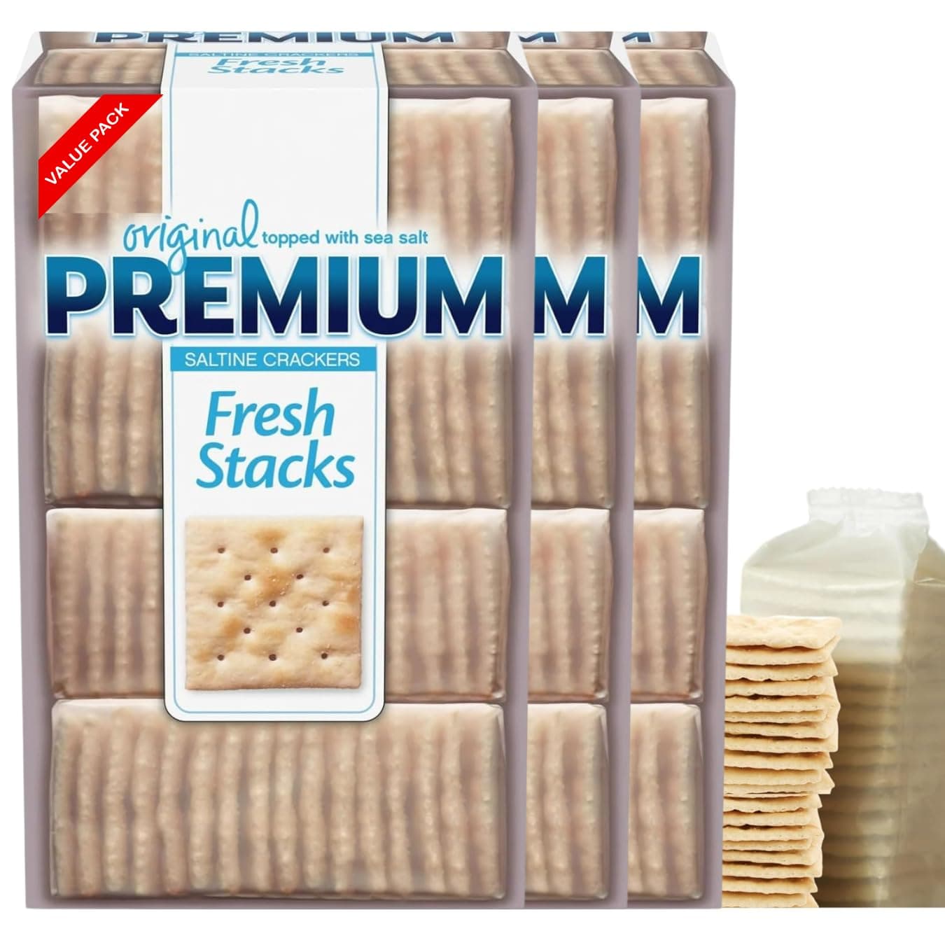 Premium Fresh Stacks Original Saltine Crackers – 13.6 oz (3 Pack of 8 Stacks) – Topped with Sea Salt – Crisp, Light, and Versatile – Healthy Snacks for Soups, Dips, and Everyday Enjoyment (Luxenton Tradmark Spoon Included) (3)