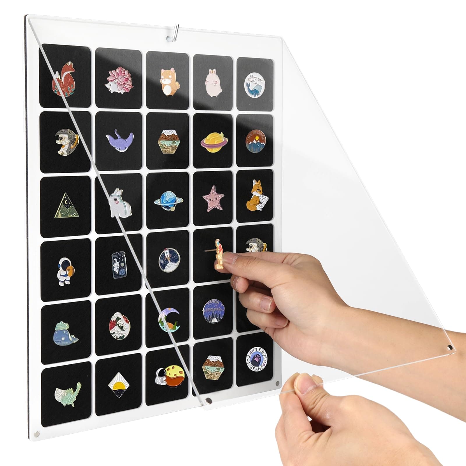 Clear Acrylic Pin Display Case, 30 Grids Pin Collection Display Organizer, Dust-Free Desktop and Wall Pin Holder Display Board for Enamel Pin, Jewelry Pins, 11x14 Inch