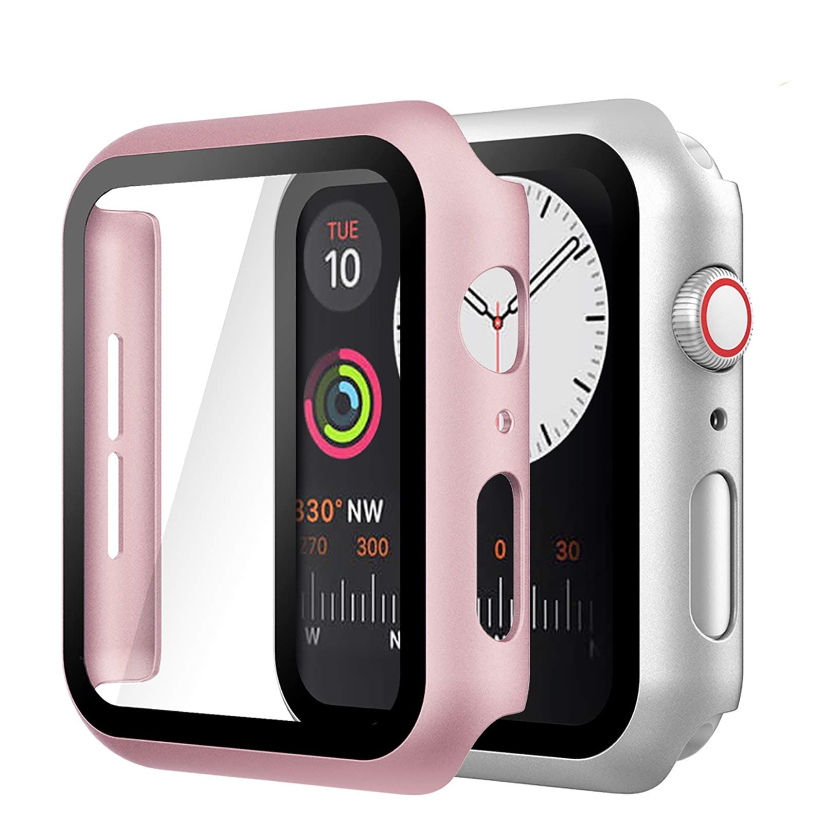 Hianjoo (2 Pack) Case Compatible with Apple Watch SE Series 6 Series 5 Series 4 40mm, Built-in HD Tempered Glass Screen Protector Overall Cover Replacement for iwatch Series 6/5/4/SE, Silver/Rose Gold