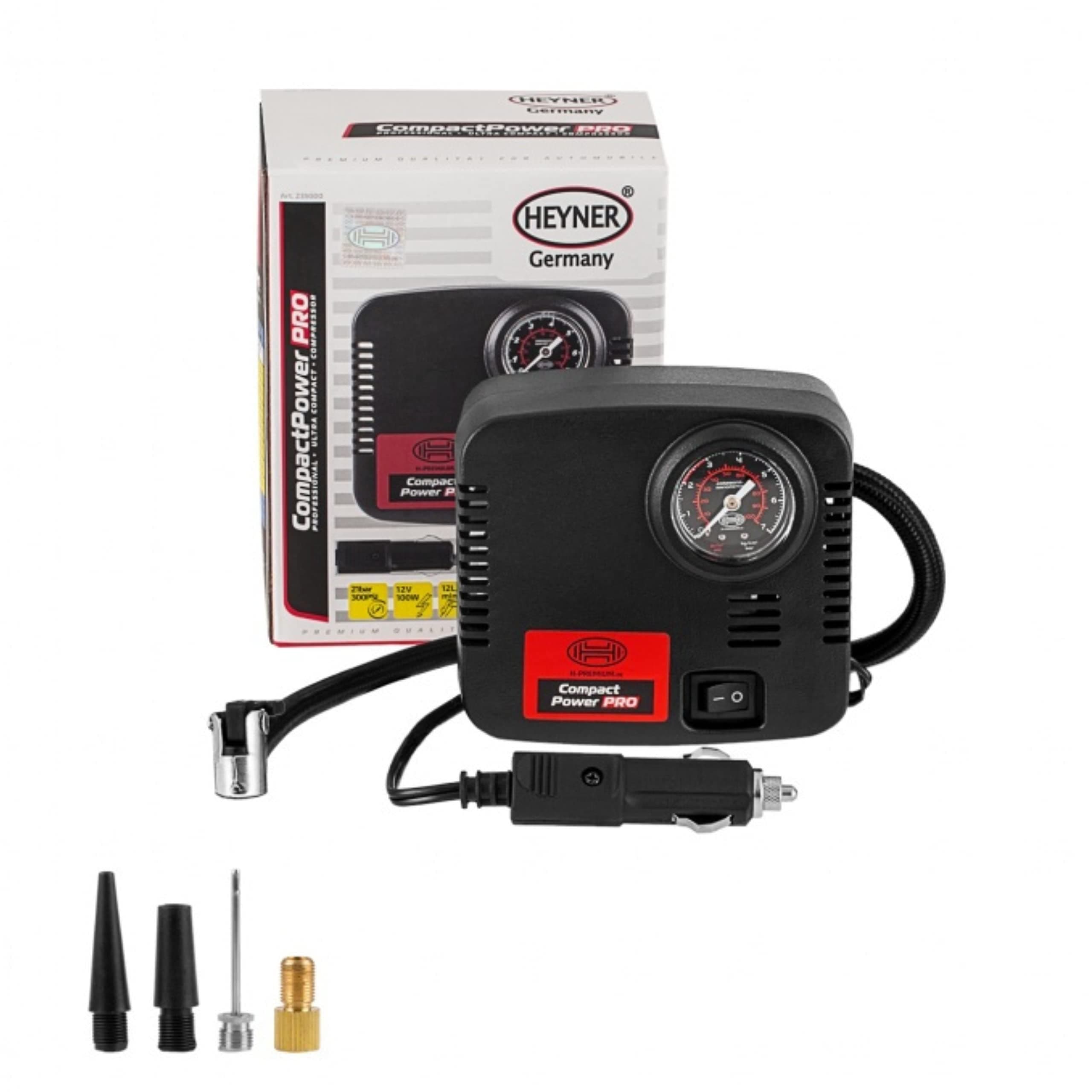 HEYNER Premium Mini Compact Power Air Compressor 12V handy Tyre Inflator 100 PSI 7 BAR Electric Pump Cigarette Plug Storage Bag H235000