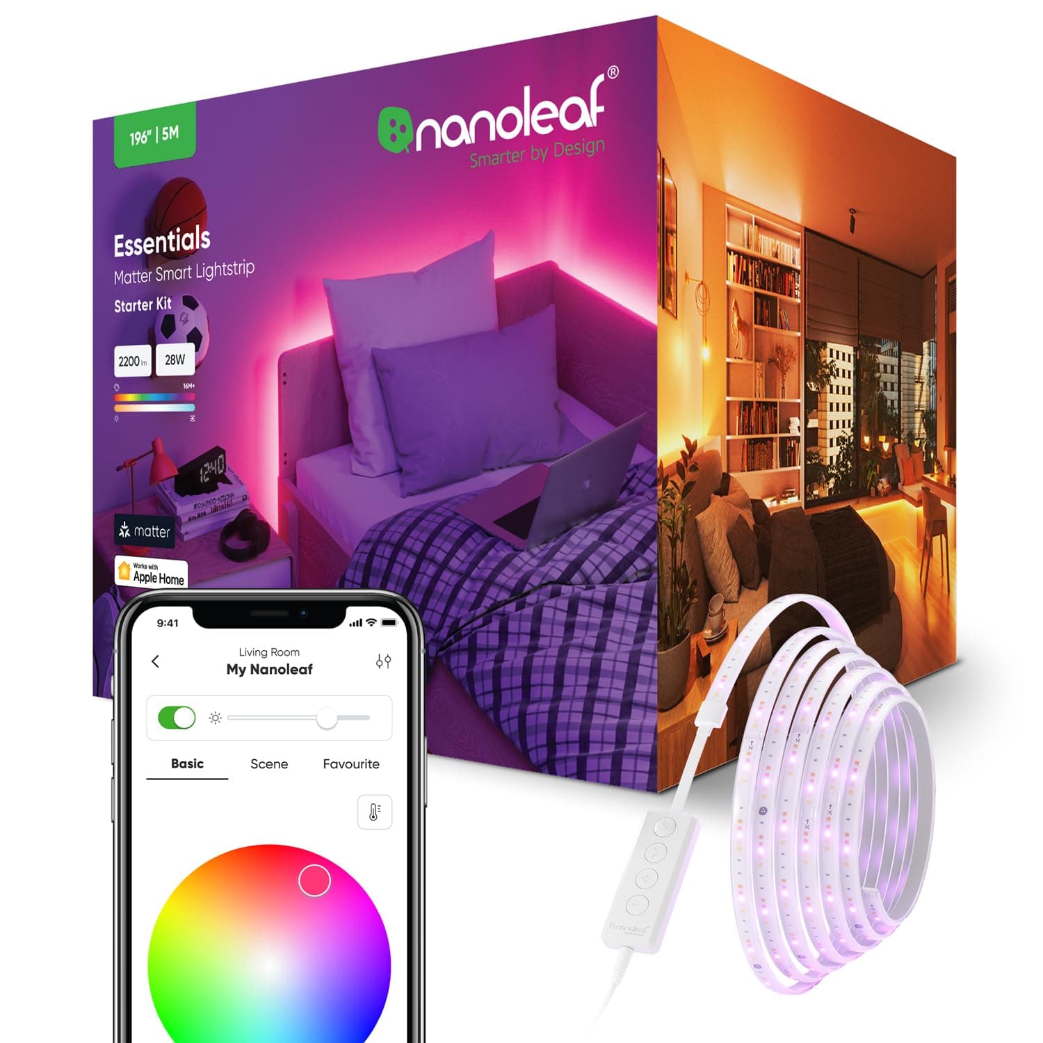 Nanoleaf Matter Essentials Lightstrip Starter Kit, 5M Smart RGBW LED Strip Light - Matter over Thread, Bluetooth Colour Changing LED Strip, Works with Google Apple, Room Decor & Gaming