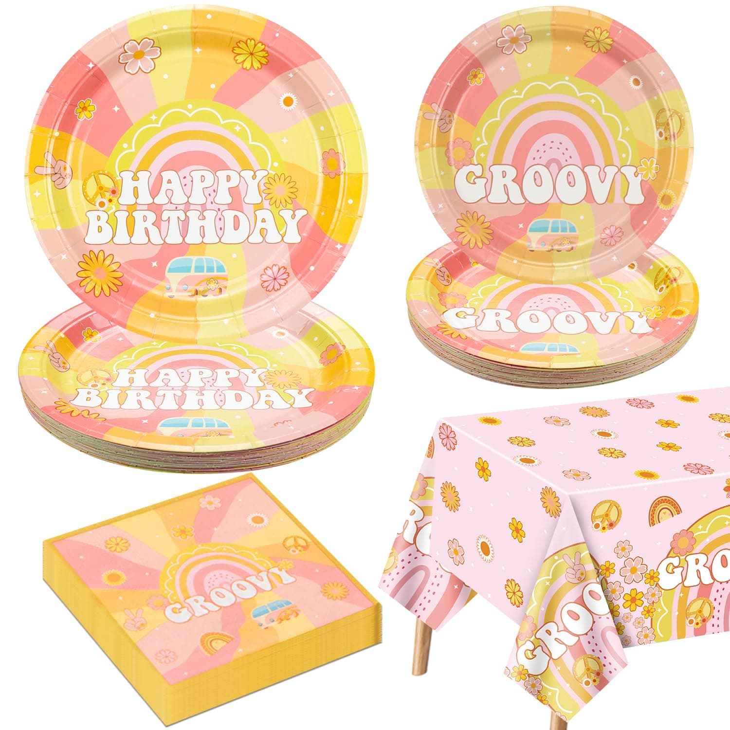 Groovy Boho Hippie Birthday Party Supplies: Party Includes Paper Plates, Napkins, Tablecloth for 20 Guests