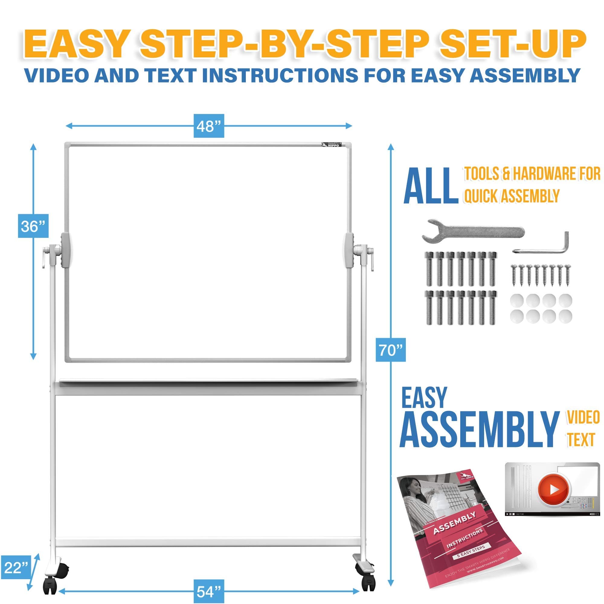 Mobile WhiteBoard 48 x 36 - Large Rolling Magnetic Whiteboard - Dry Erase Double Sided WhiteBoard with Stand and Lockable Wheels - 20 Dots, Eraser, Ruler, 4 Gridding Tapes, 12 Markers