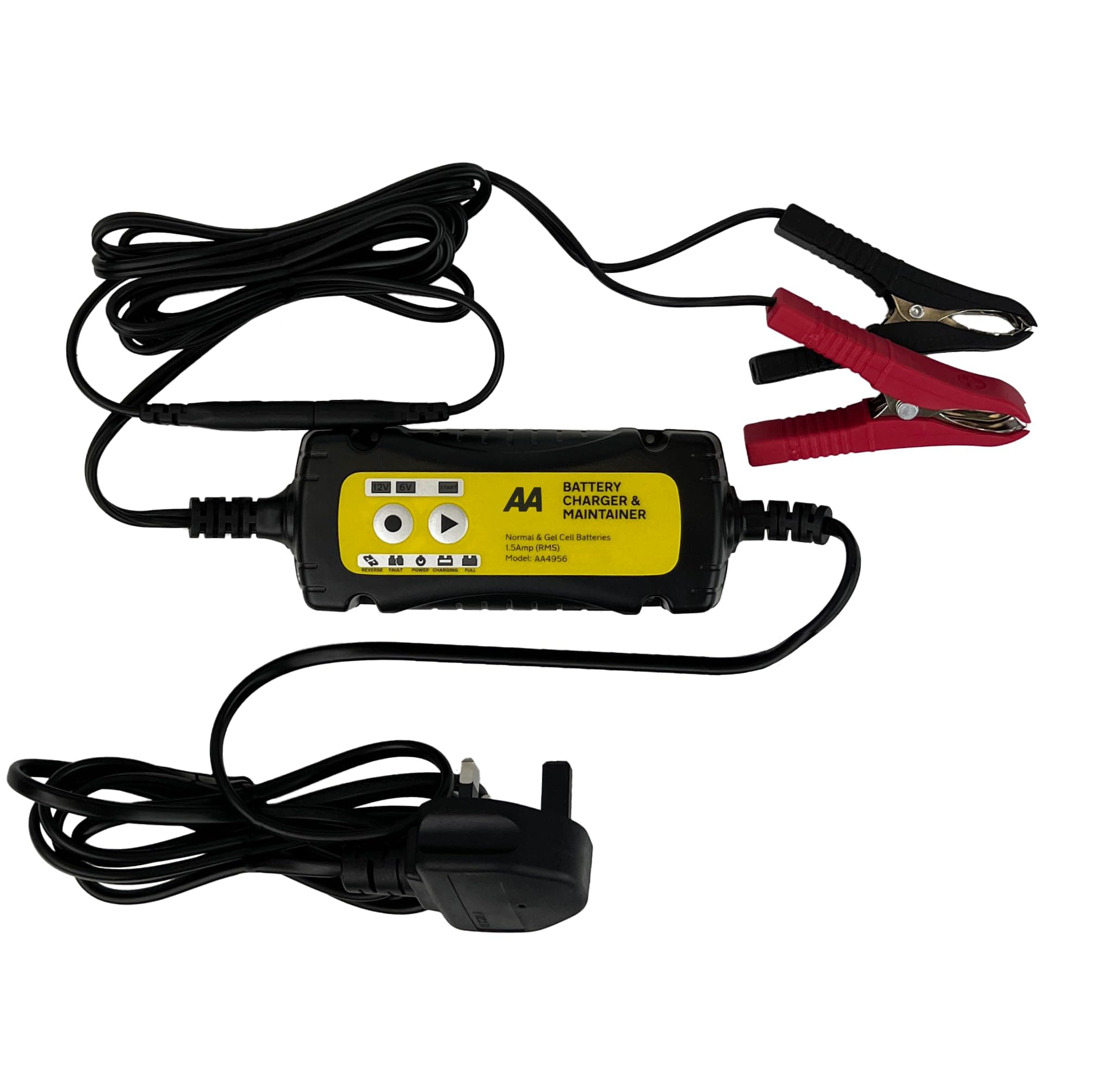 AA AA4956 Car Battery Charger Maintainer UK Plug Fully Automatic with Crocodile Clamps Eyelet Connectors As Used By AA Patrols,Black/Yellow,1.5 Amp 6 V/12 V, Packaging May Vary