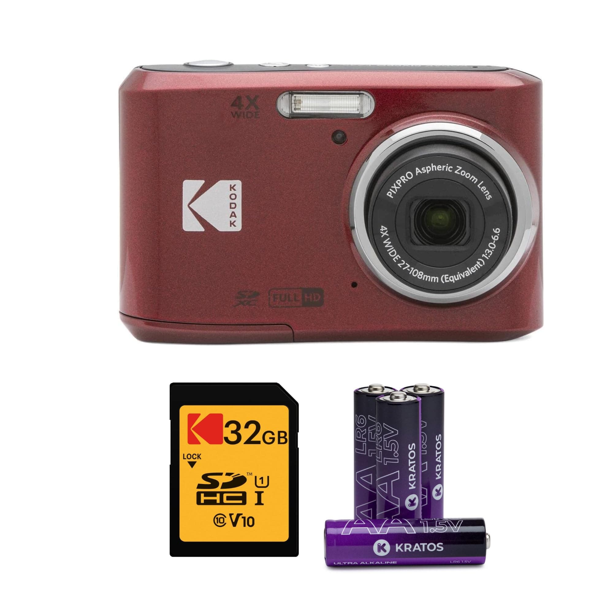 PIXPRO FZ45 Digital Camera (Red) Bundle with 32GB Class 10 UHS-I U1 SDHC Memory Card and AA High-Performance Alkaline Batteries (4-Pack) (3 Items)