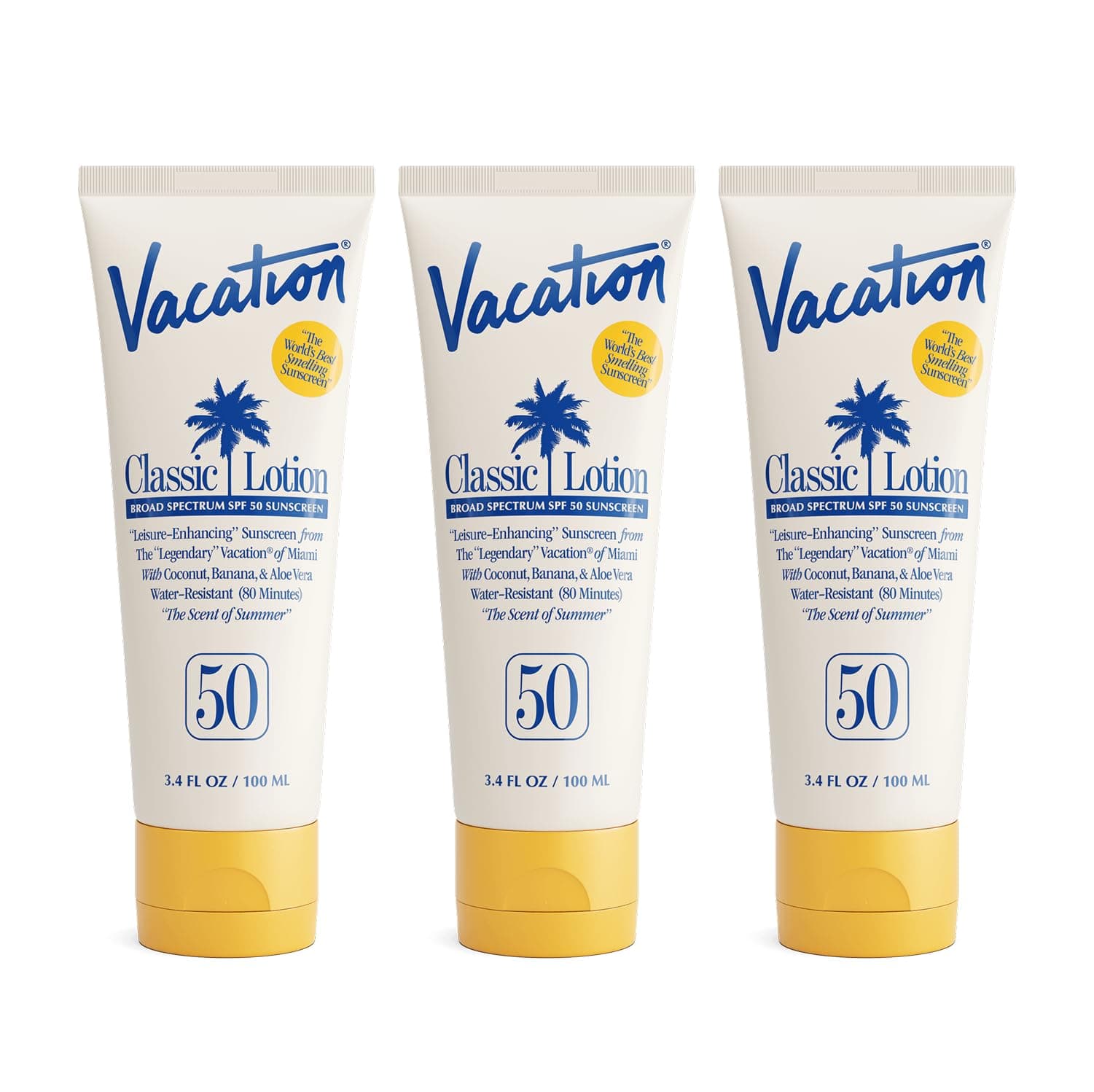 Vacation Classic Sunscreen Lotion SPF 50 3-Pack, Water Resistant Broad Spectrum Sunscreen Sun Block, Vegan Sun Tanning Lotion, Body Lotion with SPF, Travel Size Sunscreen, 3.4 fl. Oz. (Pack of 3)