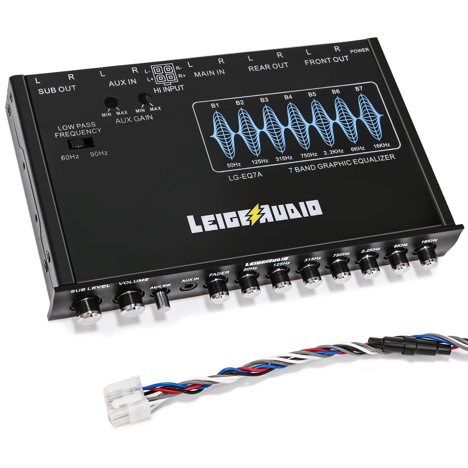 LG-EQ7A 7-Band Car Audio Graphic Equalizer with Front 3.5mm Aux Input, High Voltage RCA Outputs and High Level Speaker Inputs