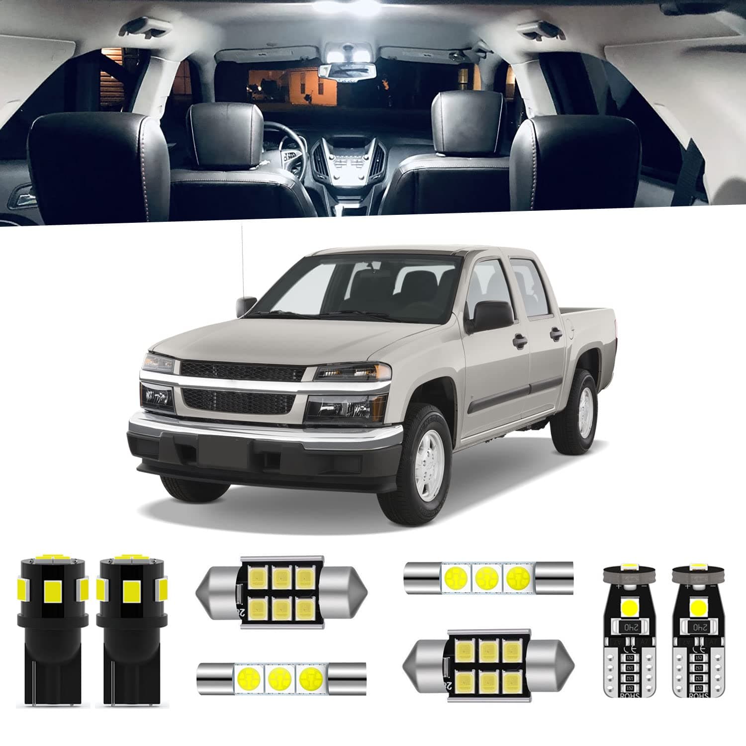 ENDPAGE 9-Pieces White Interior LED Light Kit for Chevrolet Colorado/GMC Canyon 2004 2005 2006 2007 2008 2009 2010 2011 2012 LED Lighting Package + Cargo Lights, License Plate Lights, Install Tool