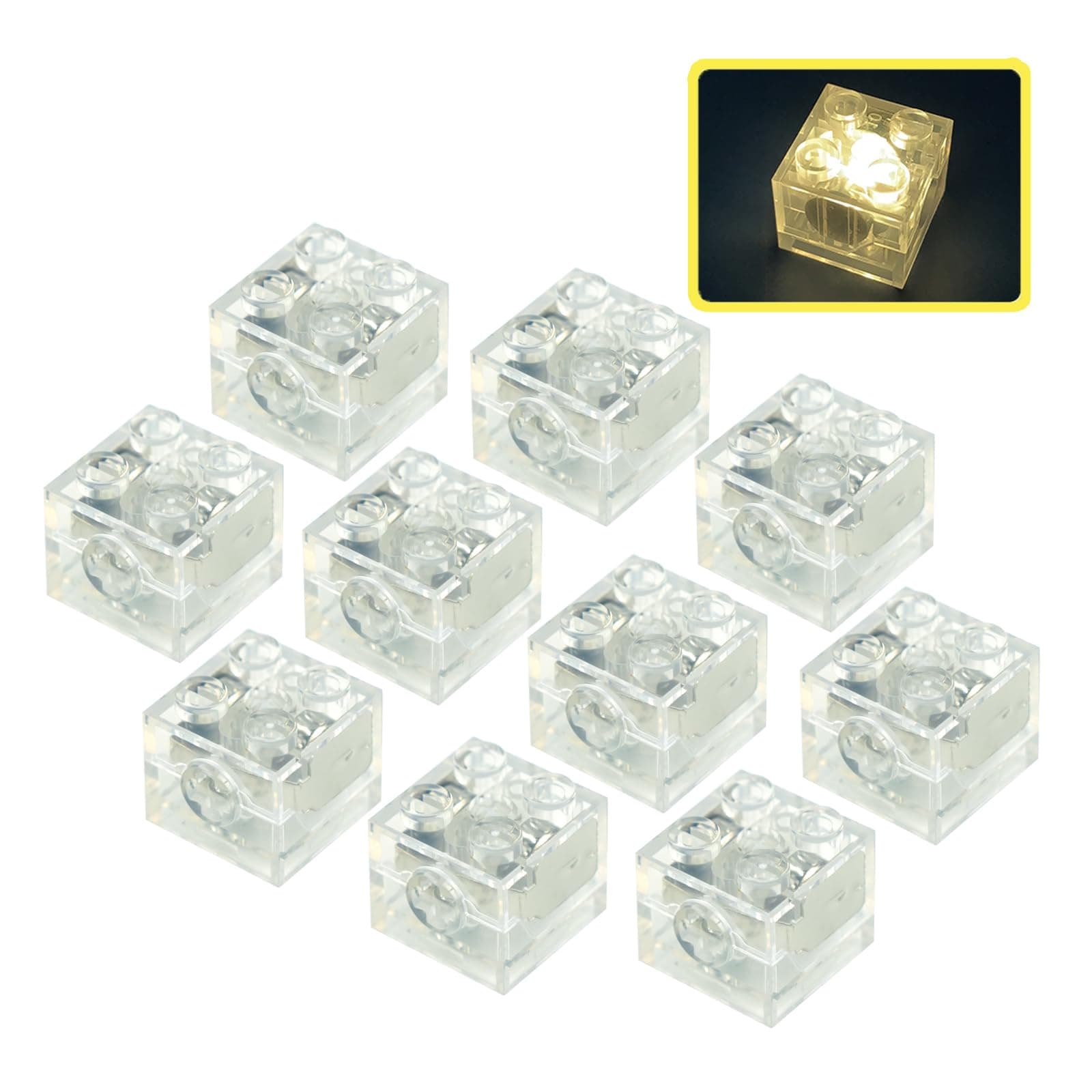Lights Bricks, 10PCS 2x2 Classic Light Up Bricks Accessories Kits, Transparent LED Accessories Pack, Parts Pieces Building Blocks Set Toys